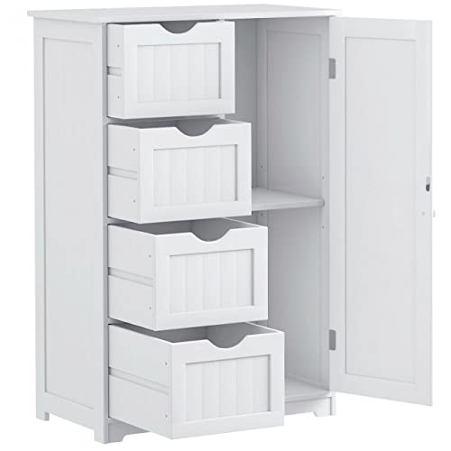 White Wooden Bathroom Storage Cabinet - 4 Drawer Free Standing Floor Organizer with Adjustable Shelf | Perfect for Bathroom, Bedroom & Closet Organization