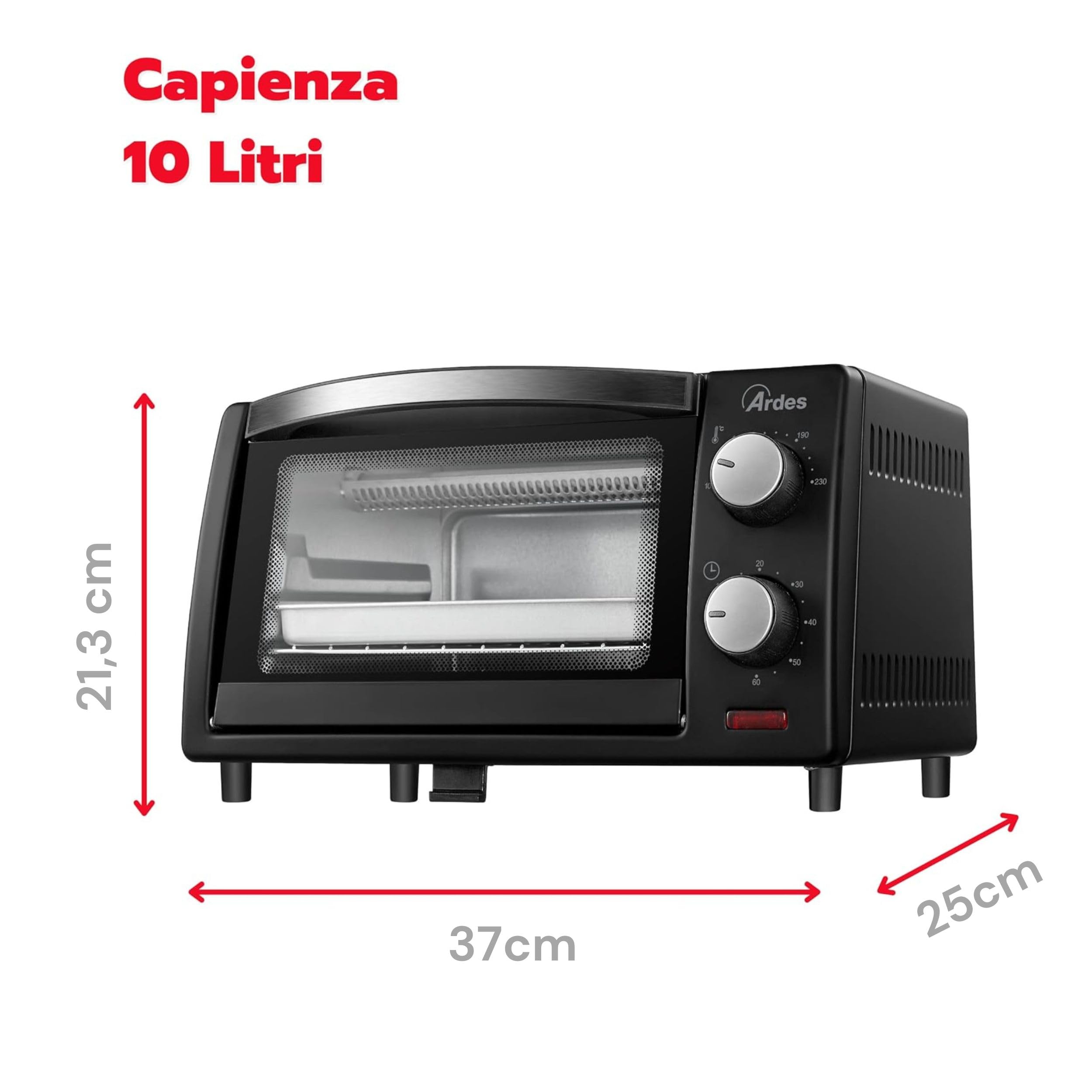 Ardes Ar6211B 10L Electric Fornetto with Internal Light, Adjustable Thermostat & Timer, Double Glass & Auto Shut-Off - Perfect for Baking, Roasting & Slow Cooking at Home - Black