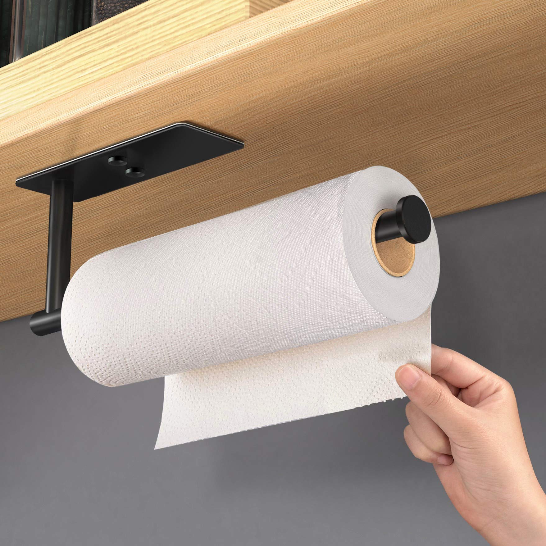 VAEHOLD Self-Adhesive Under Cabinet Paper Towel Holder - Wall Mount Stainless Steel Paper Towel Roll Rack for Kitchen & Bathroom - SUS304 Black | Space-Saving Solution for Small Kitchens & Compact Bathrooms