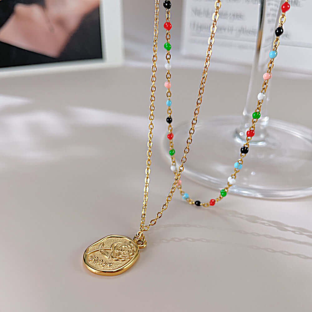 Gold Coin Layering Flower Seed Bead Chain Necklace | GX2310 - Elegant Boho Jewelry for Women, Perfect for Layering, Parties & Everyday Wear