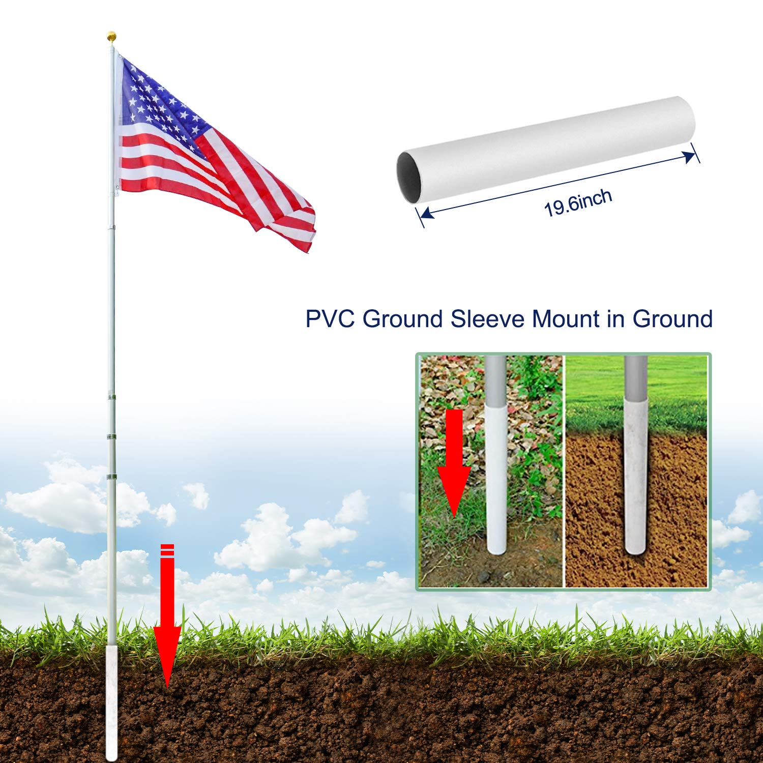 25FT Heavy Duty Telescoping Flag Pole Kit - Extra Thick Aluminum Inground Flagpole with 3x5 American Flag & Golden Ball Top | Fly 2 Flags | Outdoor Use for Residential, Yard, Commercial & Patriotic Events