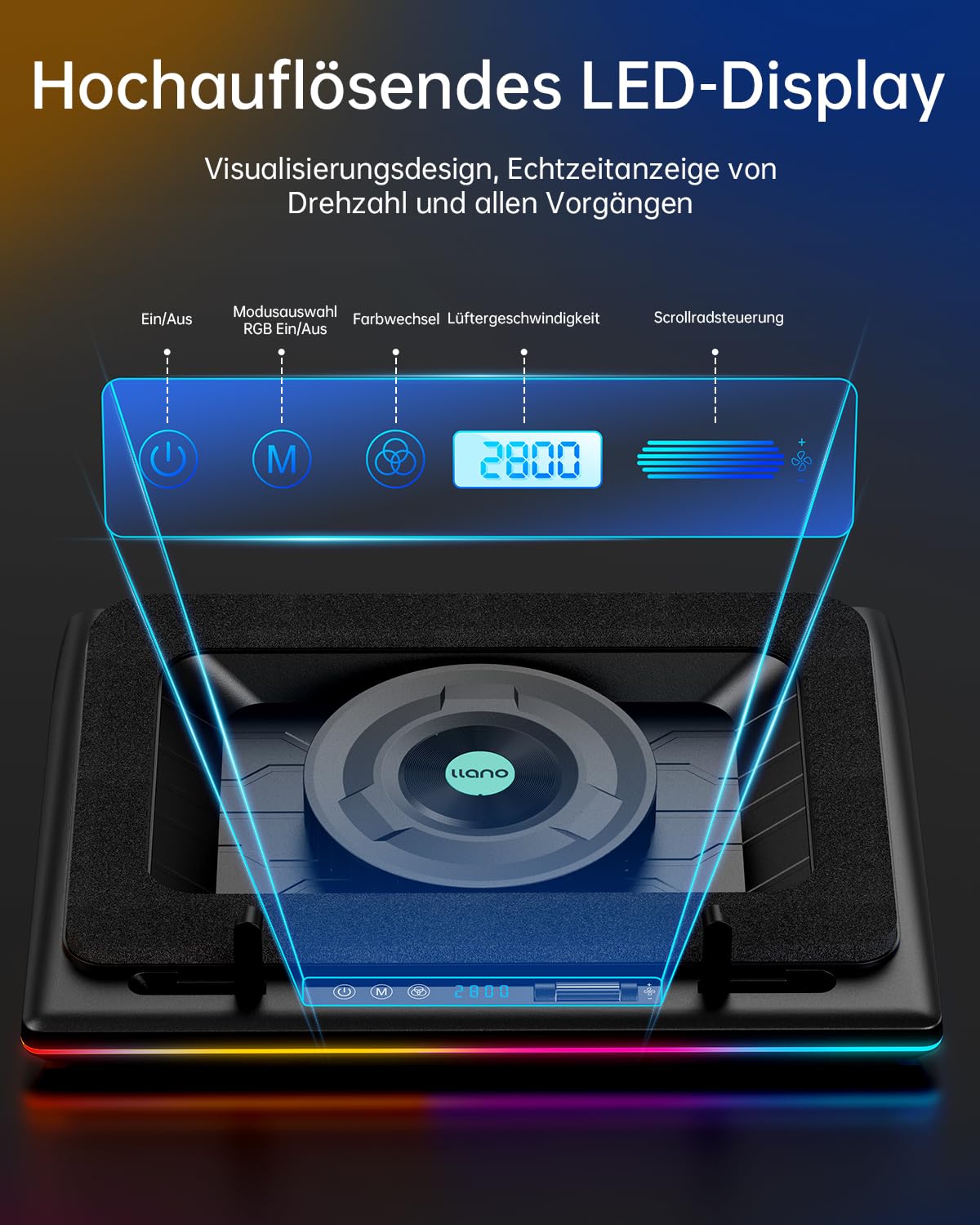 Llano 2024 RGB Gaming Laptop Cooling Pad with Touch Control, Adjustable Speed & 14cm Extra-Large Turbo Fan, Sealing Foam & 3-Port USB Hub for 15-19 Inch Notebooks - Perfect for Gaming, Streaming and Office Work