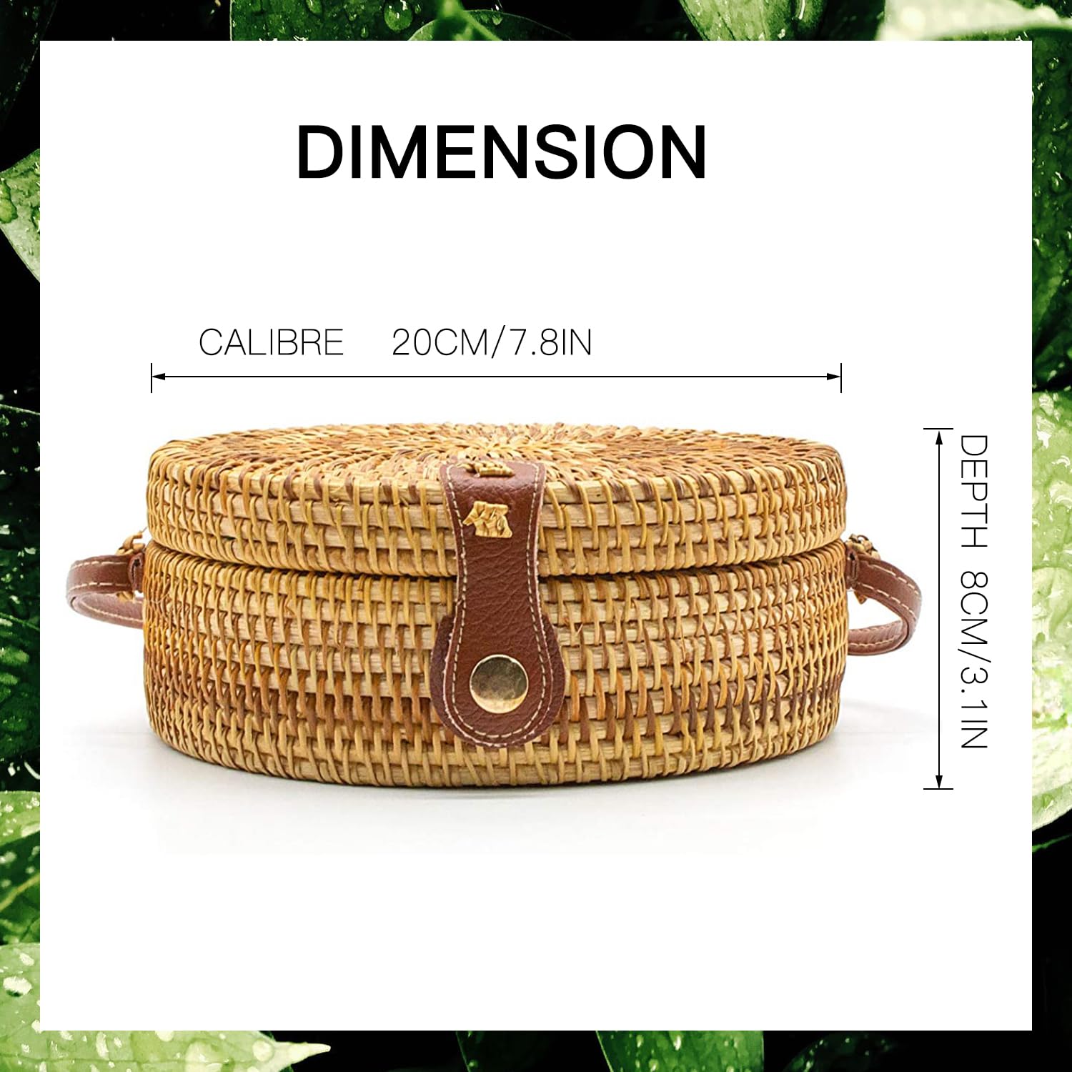 Handwoven Round Rattan Bag for Women - Beach Straw Crossbody Purse with Leather Strap - Perfect for Summer Outings, Vacations & Boho Fashion Accessories