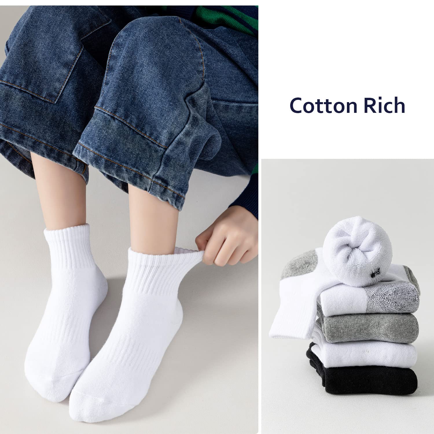 EPEIUS Kids Boys Girls Cushioned Athletic Socks - 6 Pack Thick Cotton Quarter Socks for Sports Running (4-14 Years) - Perfect for School PE, Soccer Practice & Daily Play