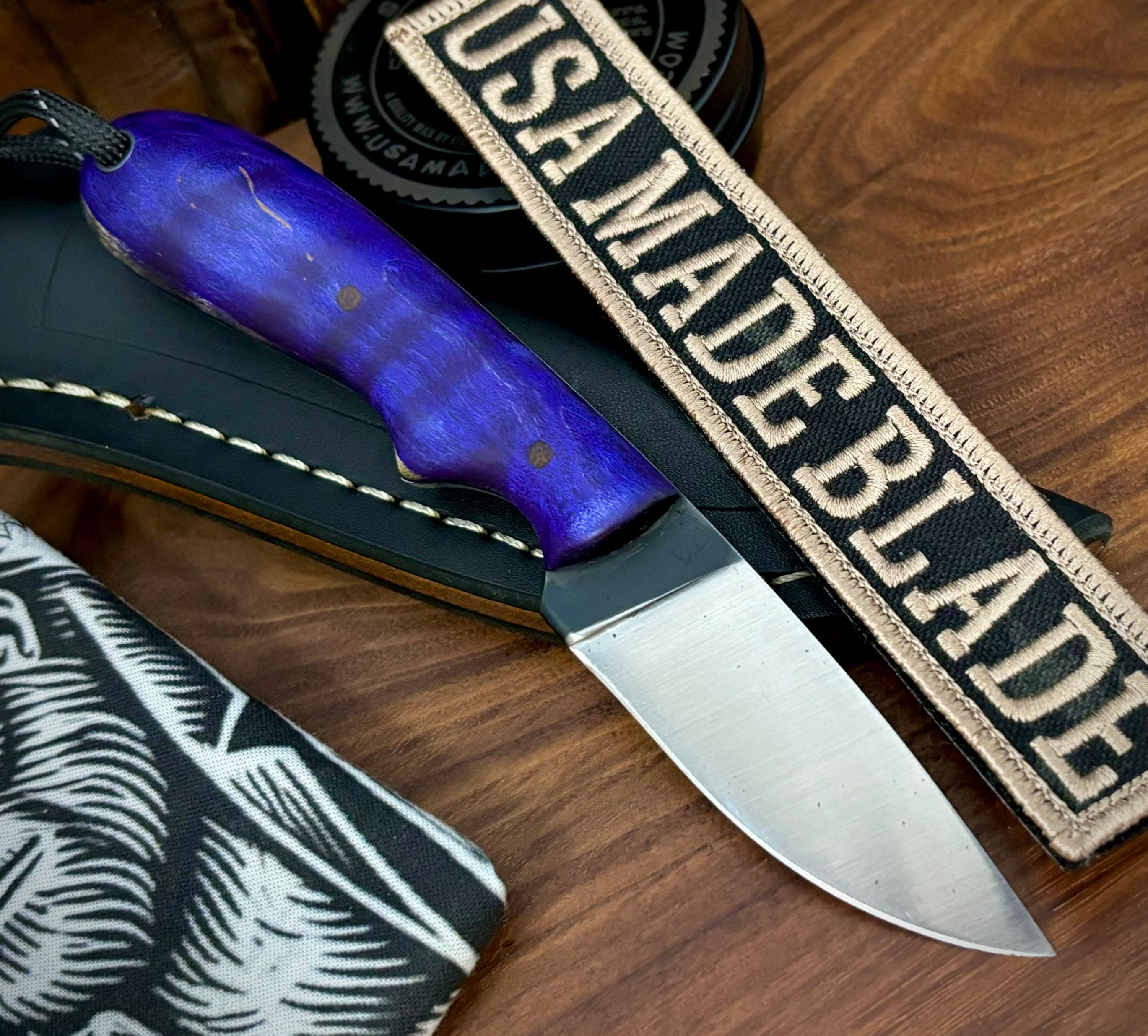T.M. Hunt Custom Hedgehog Knife with Purple Curly Maple Handle - O1 Tool Steel Blade for Bushcraft, Camping & Outdoor Survival