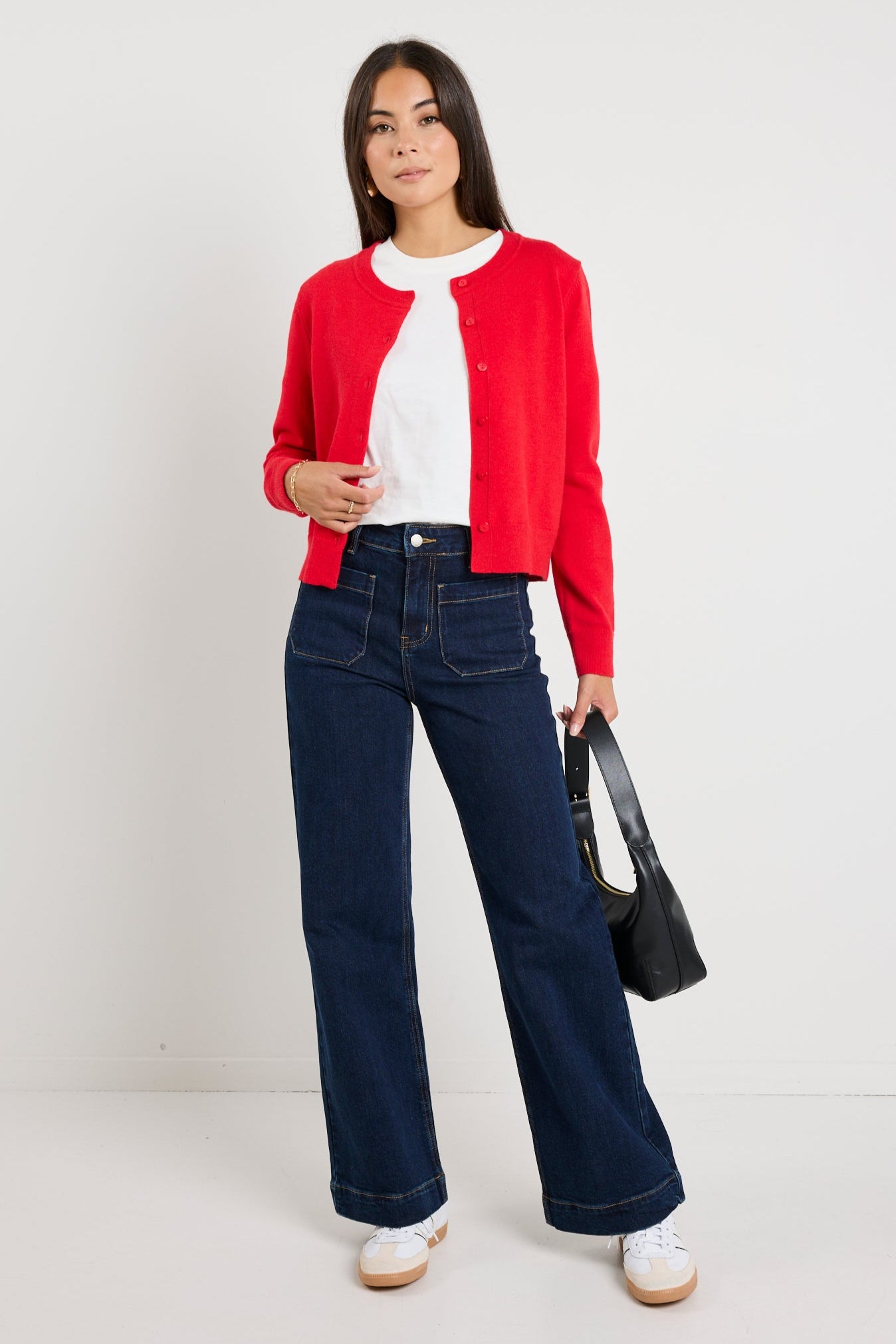Premium Red Cashmere Blend Crewneck Cardigan for Women - Soft & Warm Knit Sweater - Perfect for Fall & Winter Outfits, Office Wear & Casual Chic