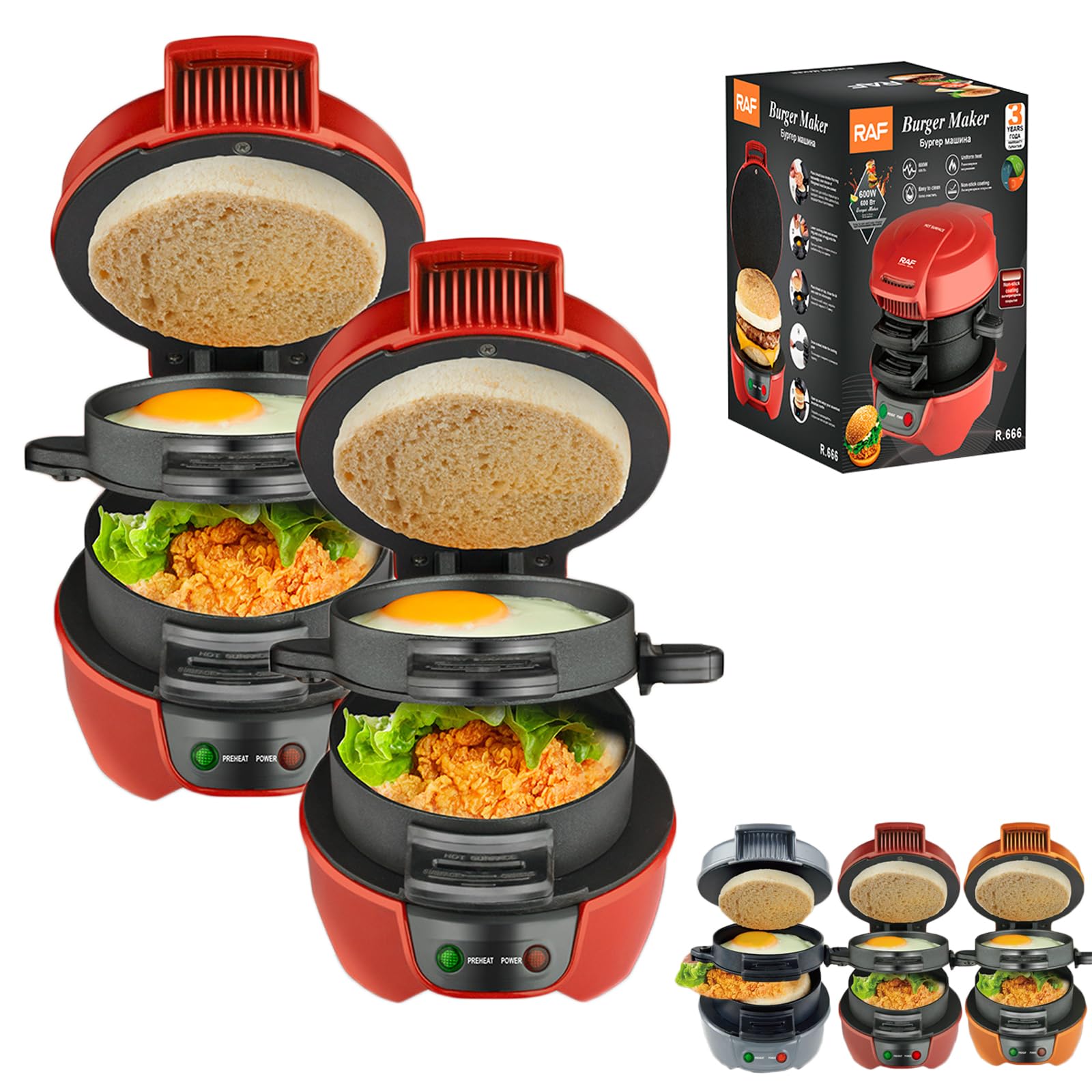 **600W Electric Burger Maker Machine - Egg Cooker Ring & Waffle Press, 5-Min Fast Cooking, 2-Pack - Perfect for Breakfast Sandwiches, Burgers & Quick Meals**