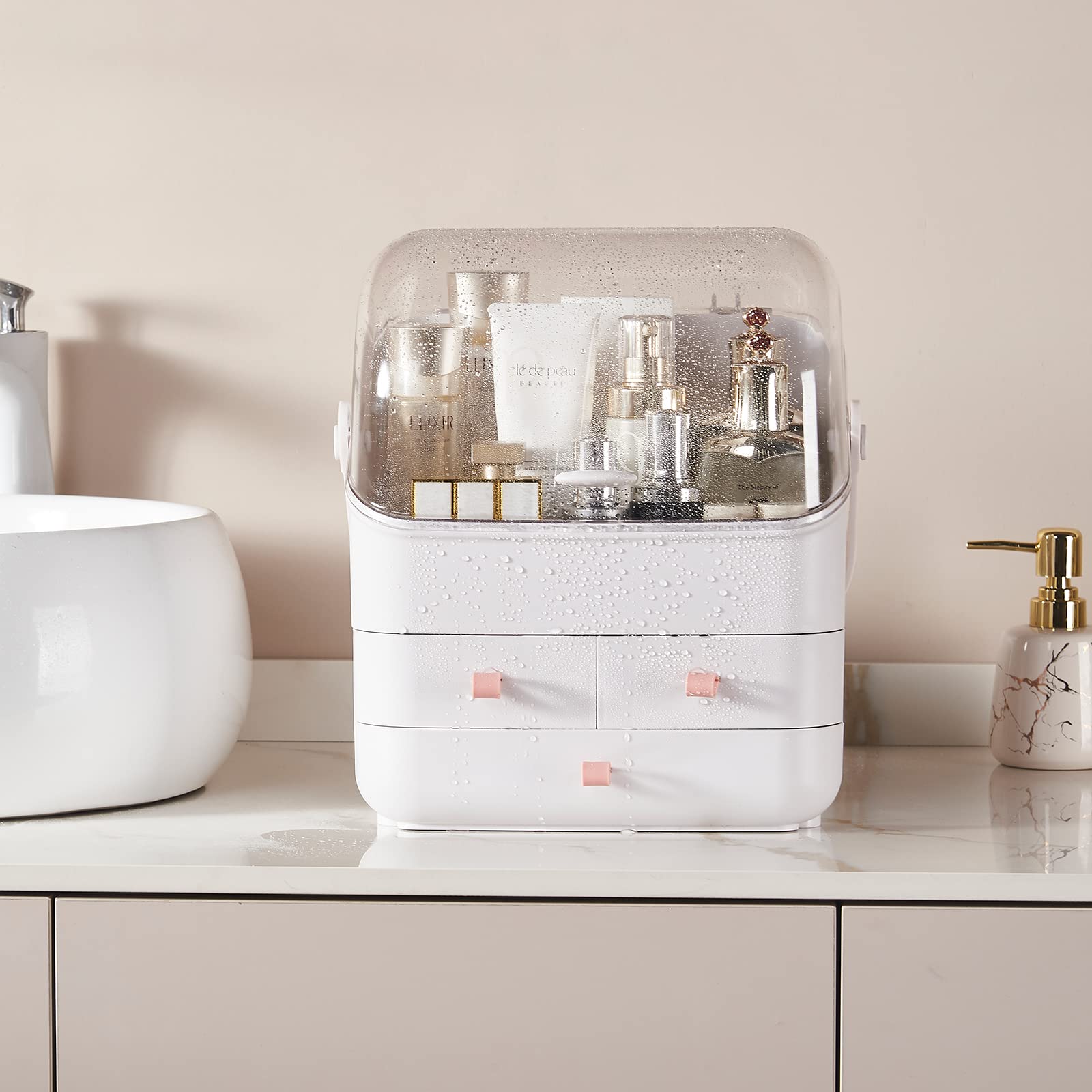 SUNFICON Acrylic Makeup Organizer with Cotton Pads Holder - 3-Tier Cosmetic Storage Box for Lipstick, Brushes & Skincare | Perfect for Vanity, Bathroom & Travel Organization