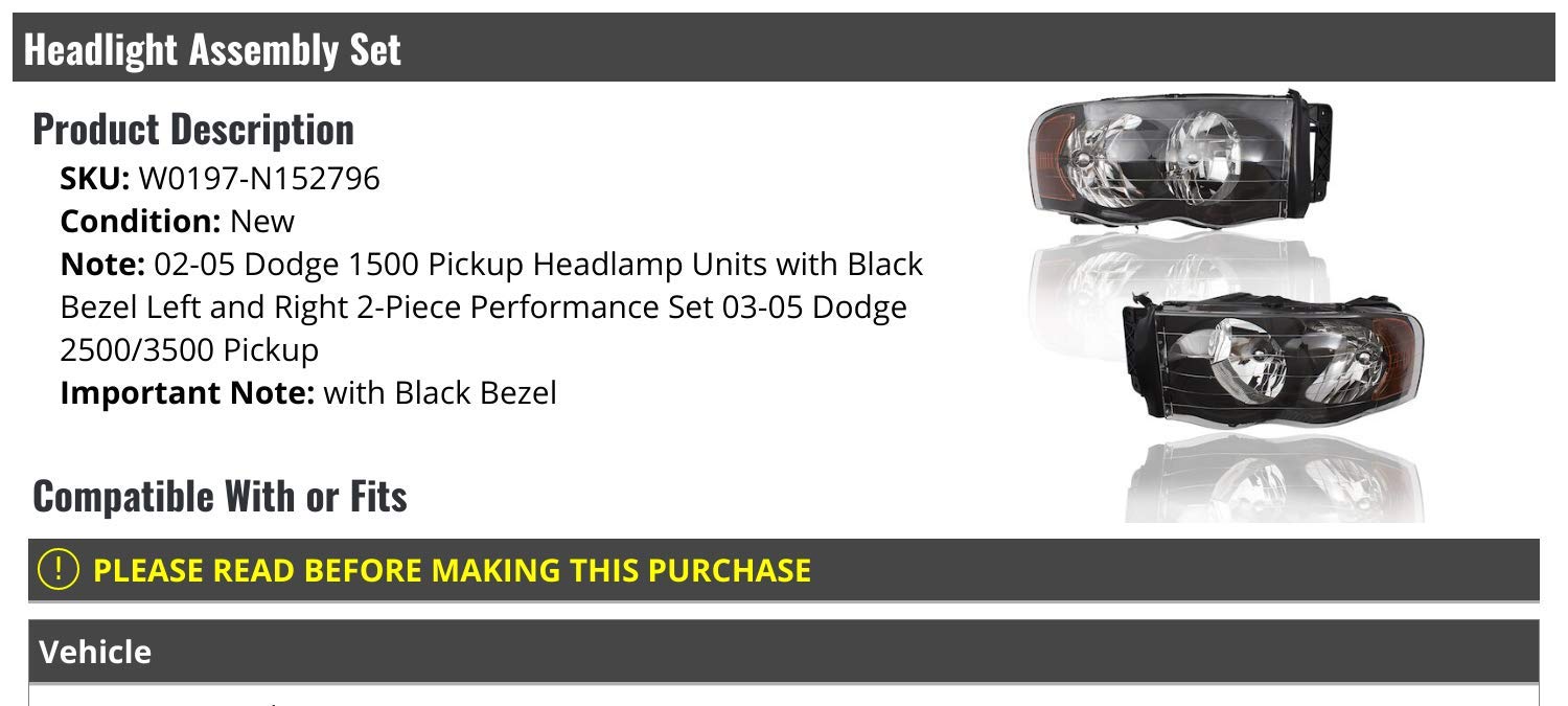 2002-2005 Dodge Ram 1500 Replacement Headlight Assembly Set of 2 with Black Bezel - Perfect for Night Driving & Off-Road Adventures