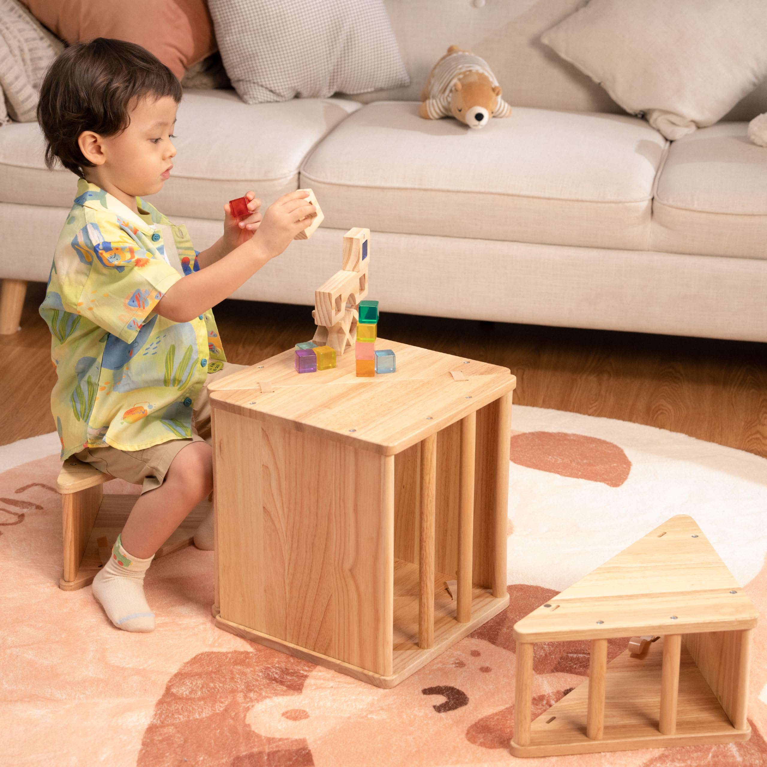 Wooden Kids Triangle Table and Chair Set - Convertible Single & Double Table with Mini Climbing Toys for Toddlers - Montessori Learning & Play Furniture for Reading, Climbing, and Indoor Activities
