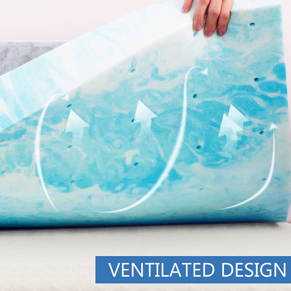 IULULU 3 Inch Cooling Gel Memory Foam Mattress Topper - King Size, Breathable & Hypoallergenic, Blue, Tear Resistant - Perfect for Back Pain Relief & Hot Sleepers, Bedroom Comfort Upgrade