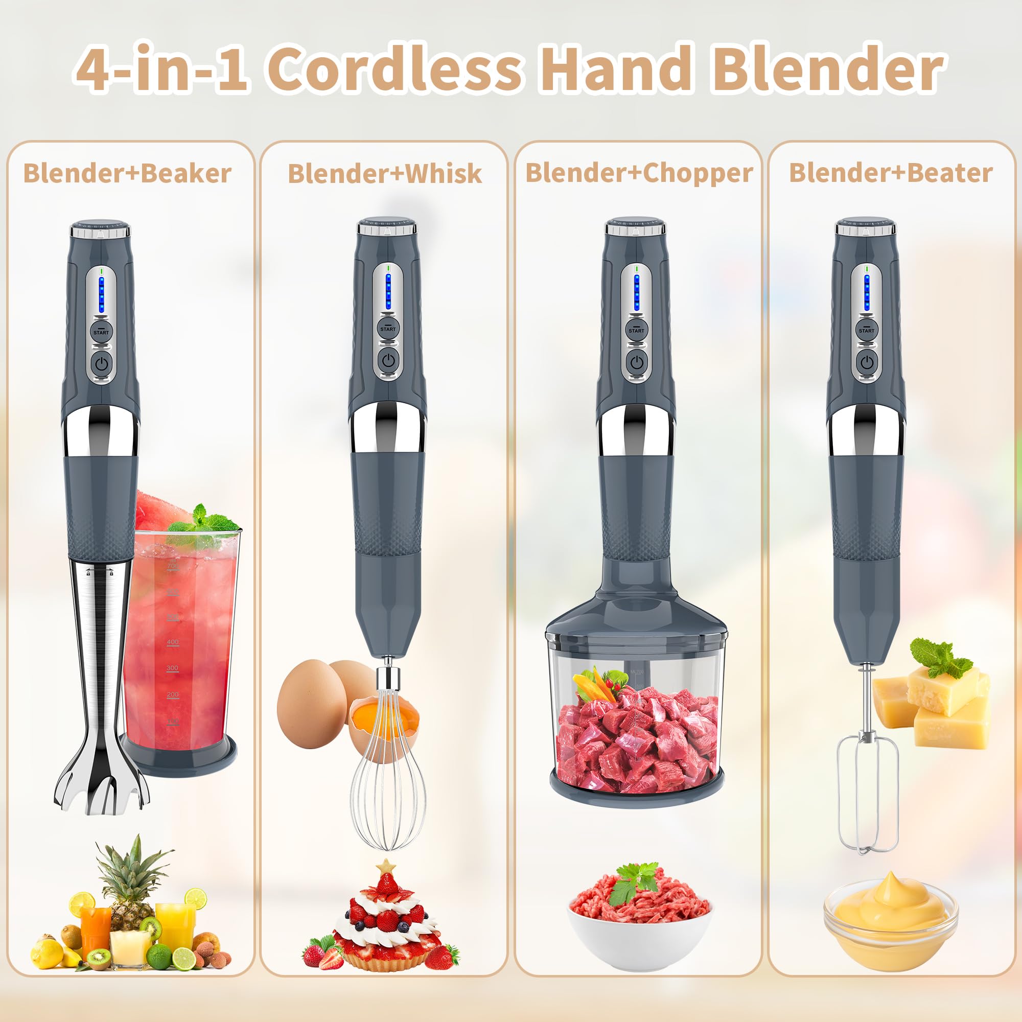 4-in-1 Cordless Immersion Blender - 21 Speed Rechargeable Hand Blender with 700ml Chopper, Beaker, Egg Whisk & Beater - Perfect for Smoothies, Soup, Baby Food & Baking - Adjustable 3-Angle Design (Grey)