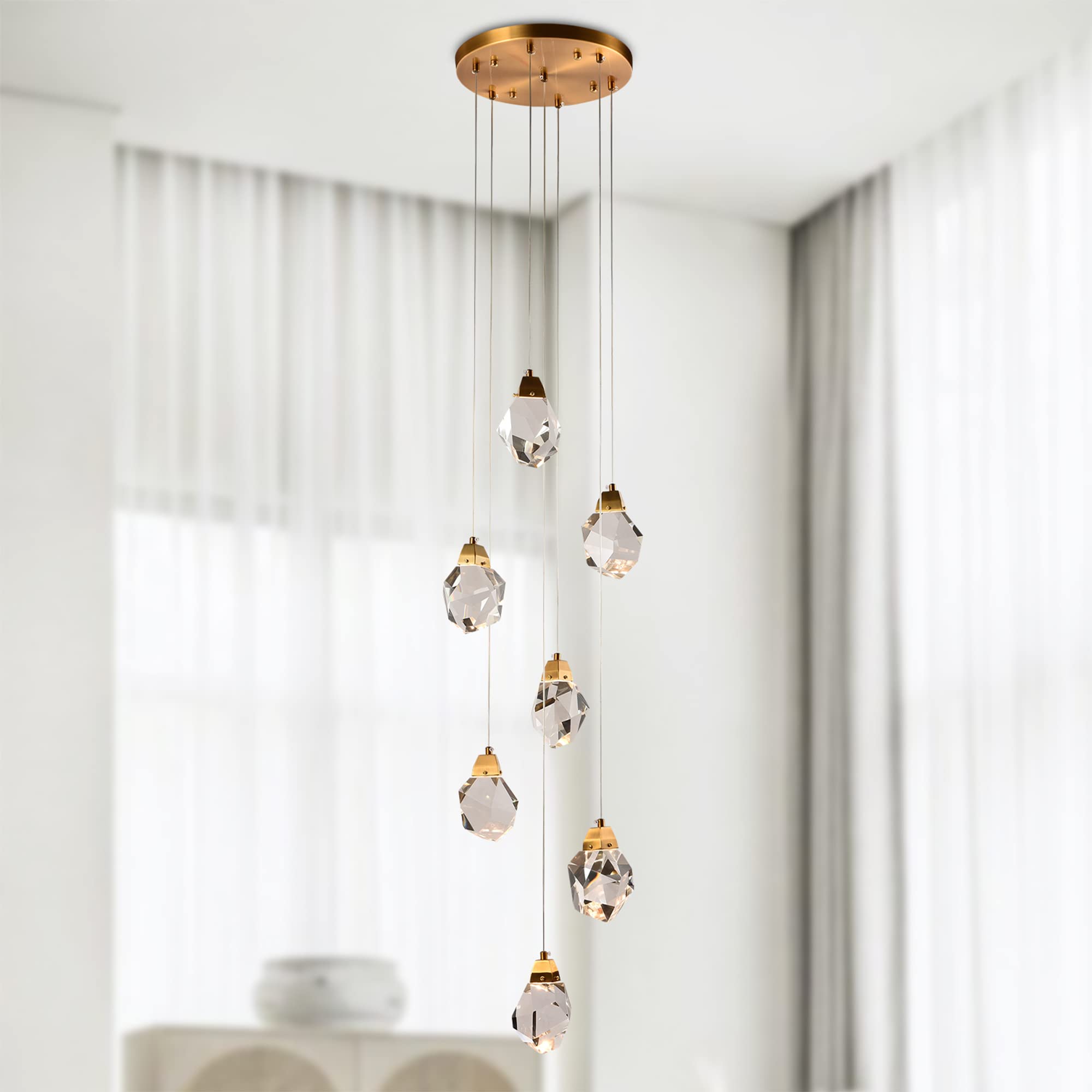 7-Light Modern Brass Crystal Chandelier - 21W Dimmable LED Diamond Pendant Light Fixture for Living Room, Dining Room | Elegant Ceiling Lighting for Home Decor & Special Occasions