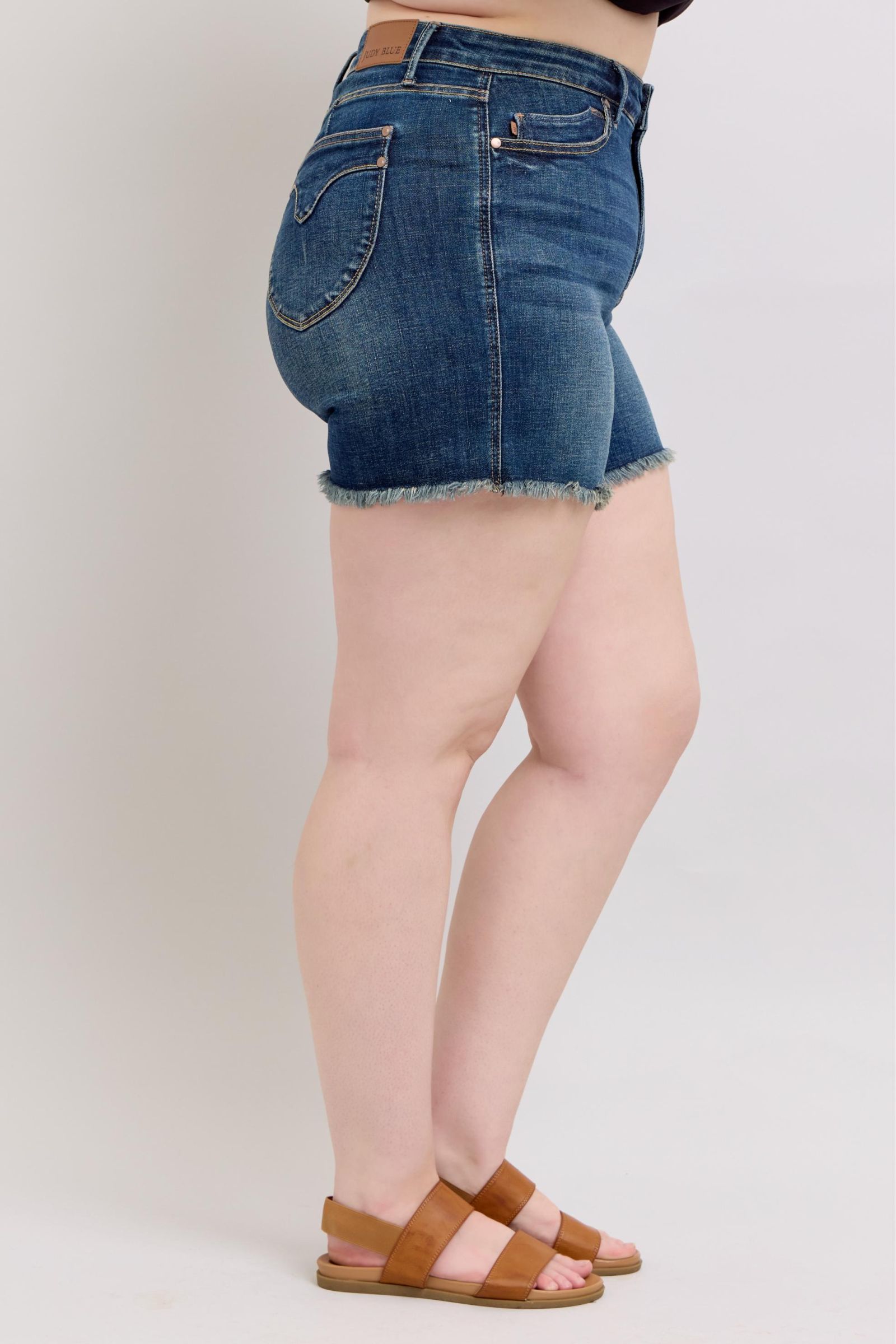 Judy Blue High Waisted Tummy Control Denim Shorts with Frayed Hem & Back Pockets | Women's Stretchy Comfort Jeans for Summer, Beach, and Casual Outfits