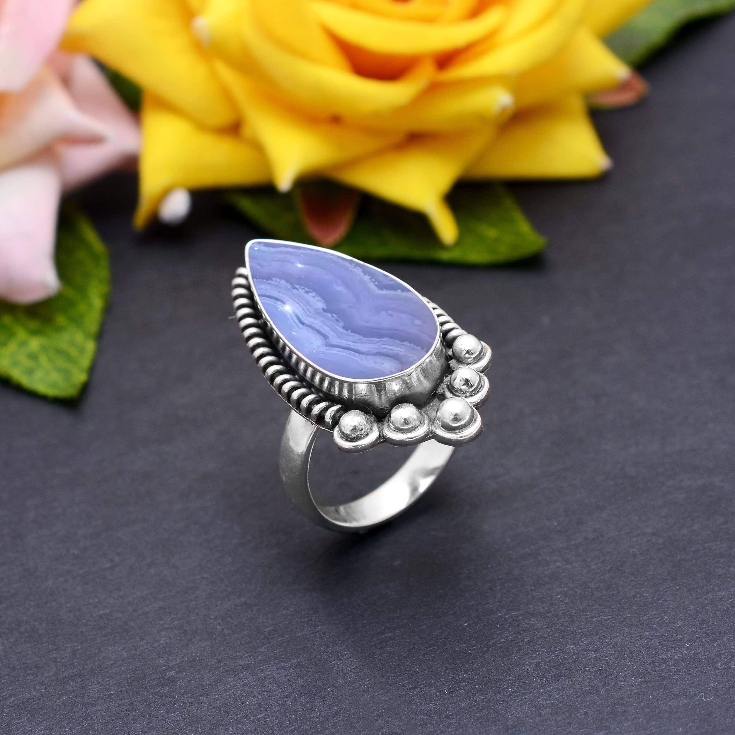 Veracity Jewelry Blue Lace Agate Ring for Women - 925 Sterling Silver Healing Meditation Ring with Natural Gemstone - Elegant Blue White Stone Jewelry Gift for Mom, Wife, Girlfriend - Perfect for Yoga, Spiritual Healing & Special Occasions
