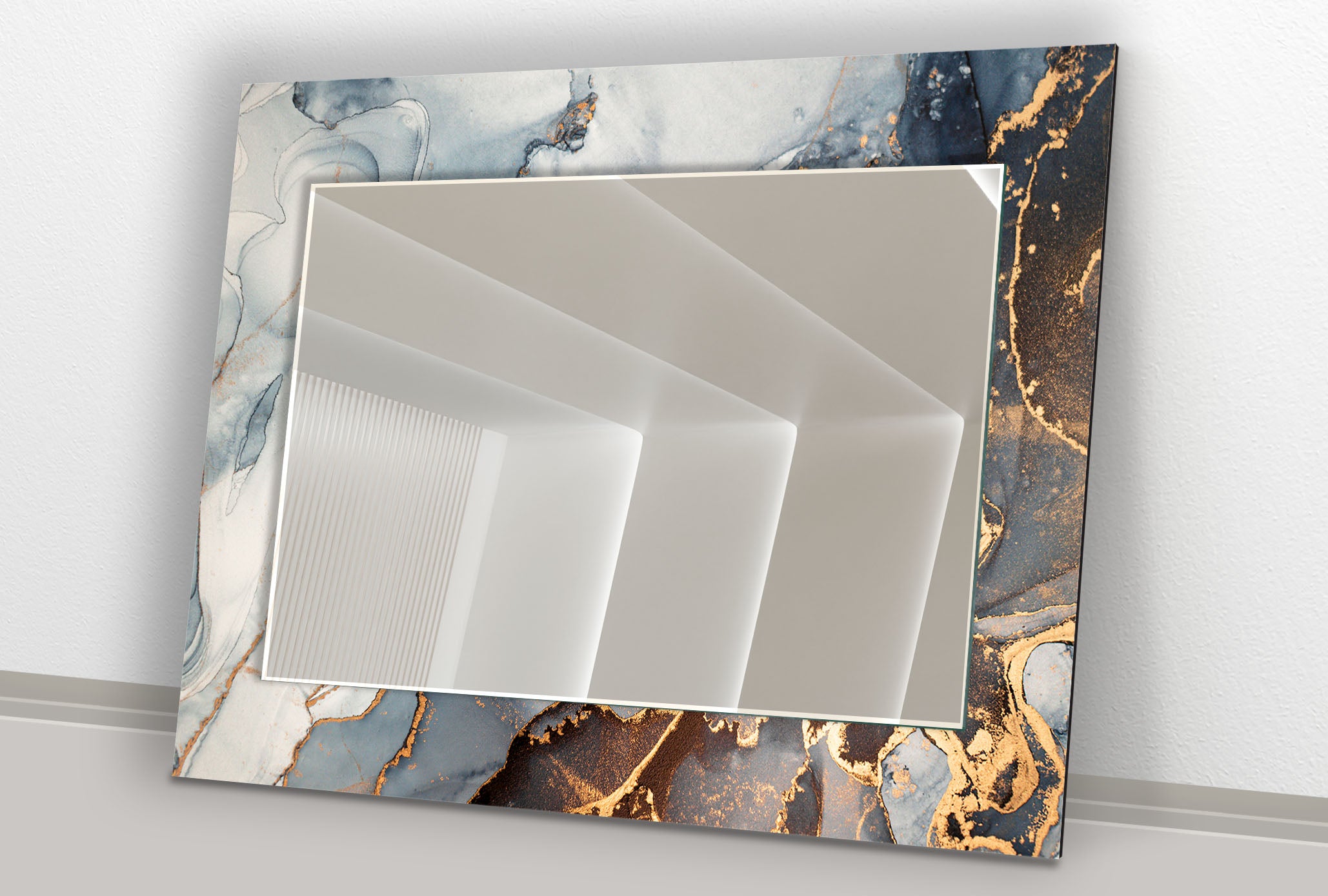 Luxury Blue & Gold Marble Glass Wall Mirror - Modern Statement Decor for Living Room, Bedroom, Entryway & Bathroom