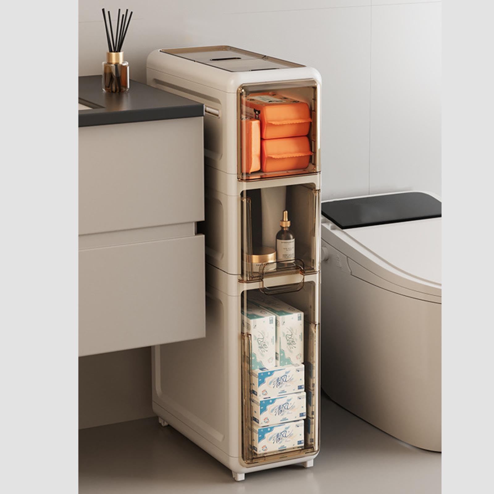 3-Tier Waterproof Toilet Storage Rack - Bathroom Gap Organizer with Wide Drawer for Toilet Side Space - Perfect for Small Bathroom Organization, Apartment Storage & Bath Essentials