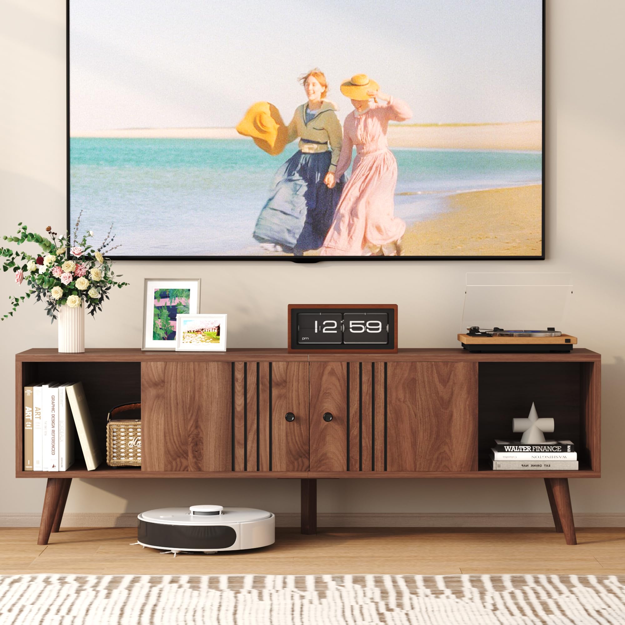 Mid-Century Modern TV Stand for 65/60/55 Inch TVs - Walnut Entertainment Center with Sliding Doors & Storage - Media Console Table for Living Room & Bedroom - Perfect for Home Theater Setup & Stylish Home Decor