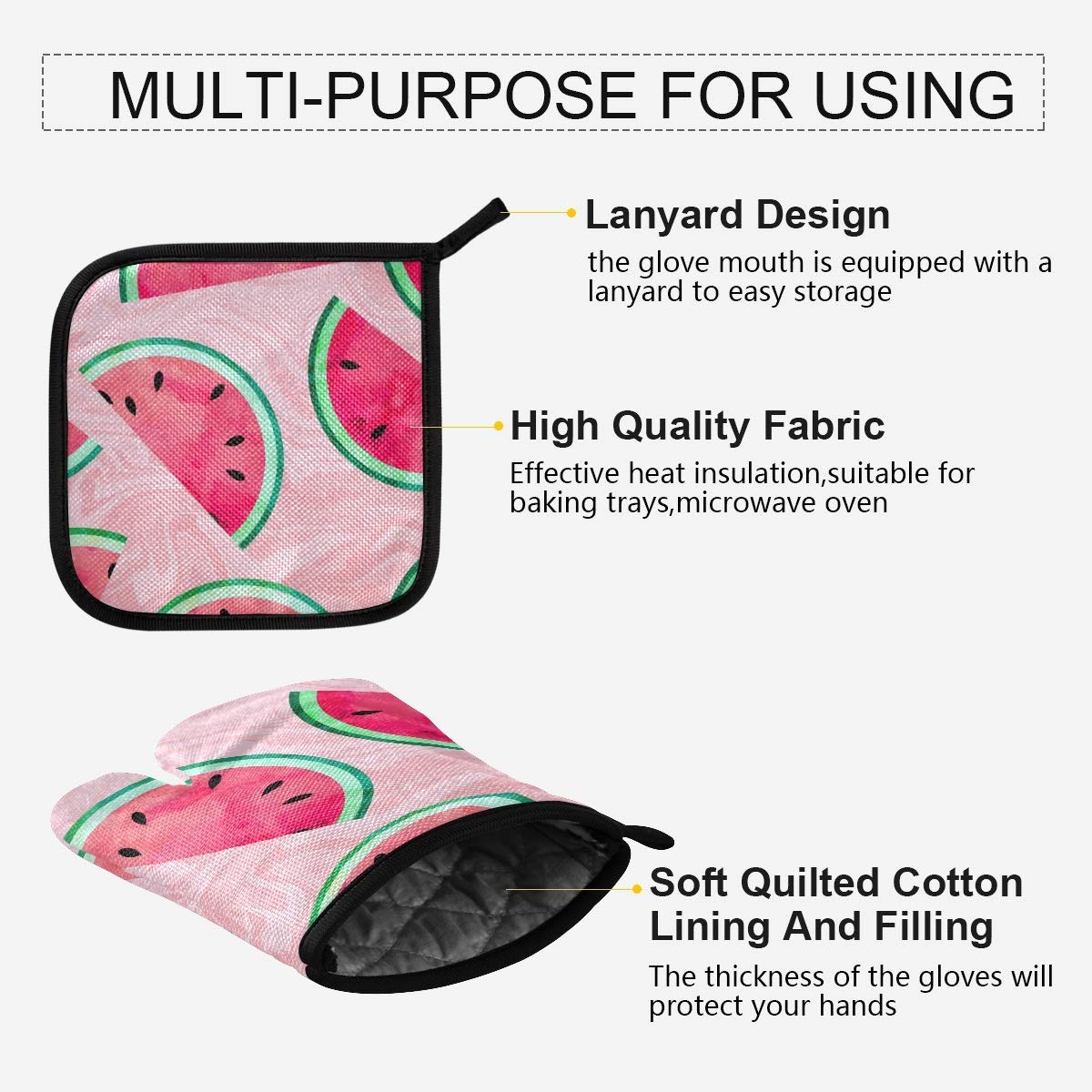 Heat Resistant Watermelon Watercolor Oven Mitts & Pot Holders Set - Kitchen Cooking, Baking, Microwave & Grill Accessories - Perfect for BBQ, Baking & Hot Dish Handling