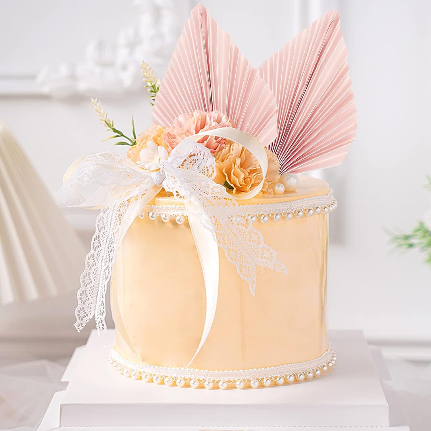 DHinkyoung 4-Pack Palm Leaf & Paper Fan Cake Toppers - Eco-Friendly Wedding, Baby Shower, Anniversary & Birthday Party Decorations for DIY Cake Decorating, Dessert Table Centerpieces and Tropical Theme Celebrations