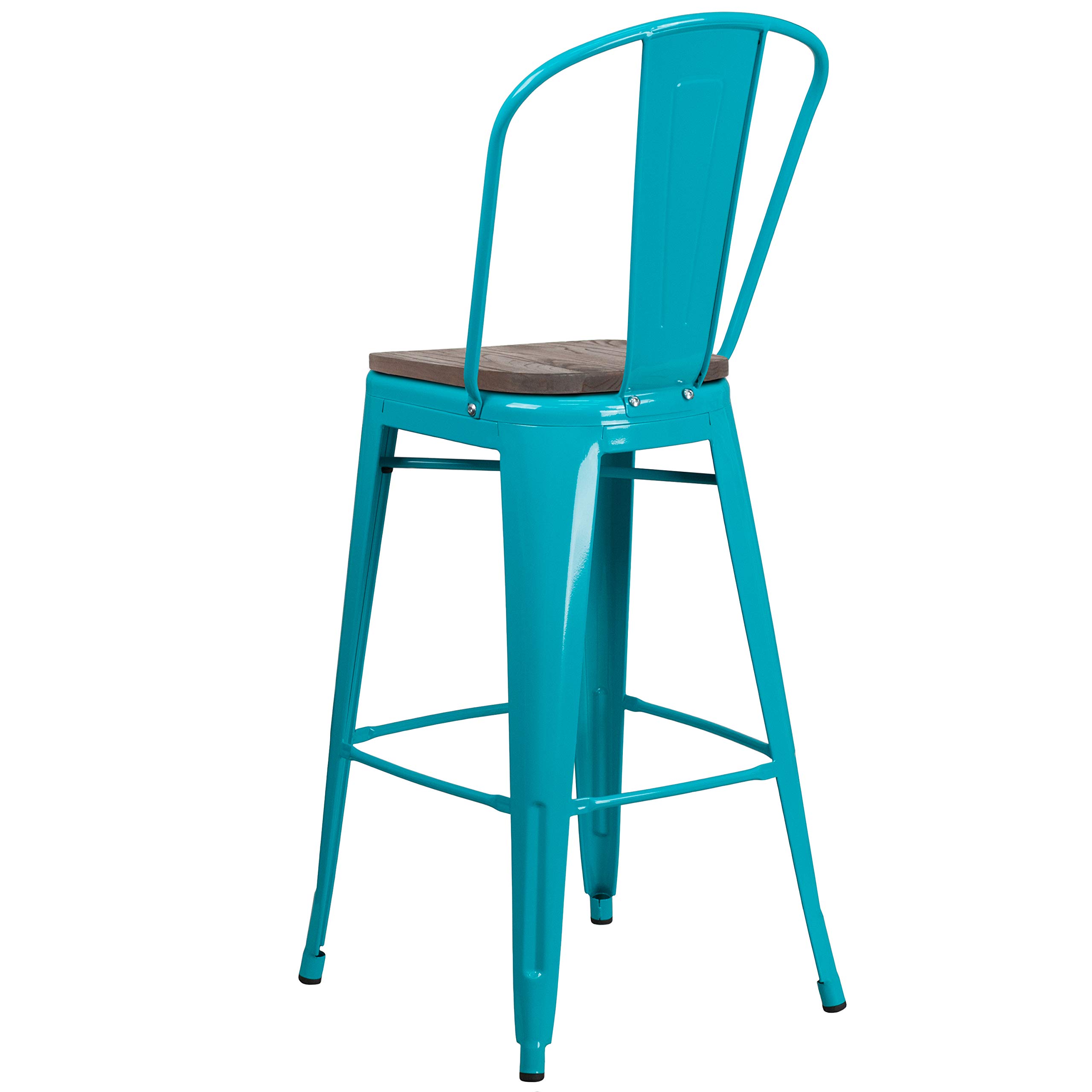 EMMA + OLIVER 30 Inch Teal Blue Metal Bar Stool with Wood Seat and Back Support - Perfect for Kitchen Island, Breakfast Nook & Home Bar Decor