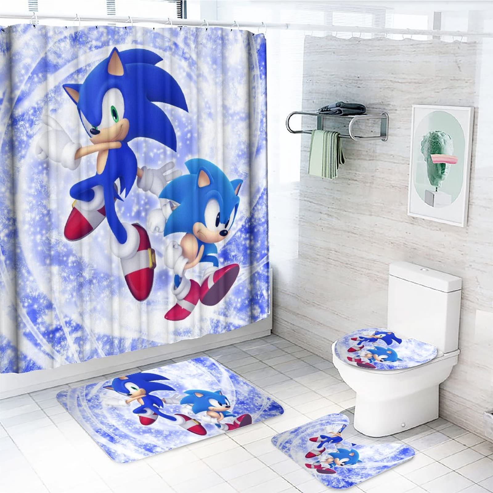Sonic The Hedgehog 4-Piece Bathroom Set - Waterproof Shower Curtain, Non-Slip Bath Mat, Toilet Lid Cover & Rug - 72