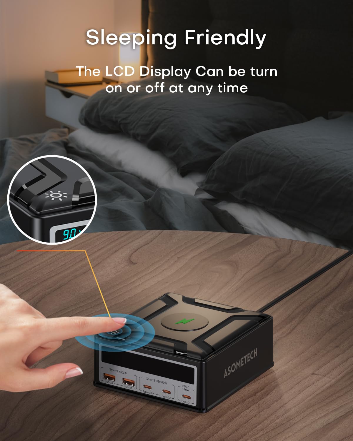 ASOMETECH 260W 5-Port USB C Charging Station with LCD Display - 140W PD3.1 GaN Fast Charger & Wireless Charging Hub for MacBook Pro/Air, iPad, iPhone, Samsung Galaxy - Perfect for Home, Office & Travel Charging Needs