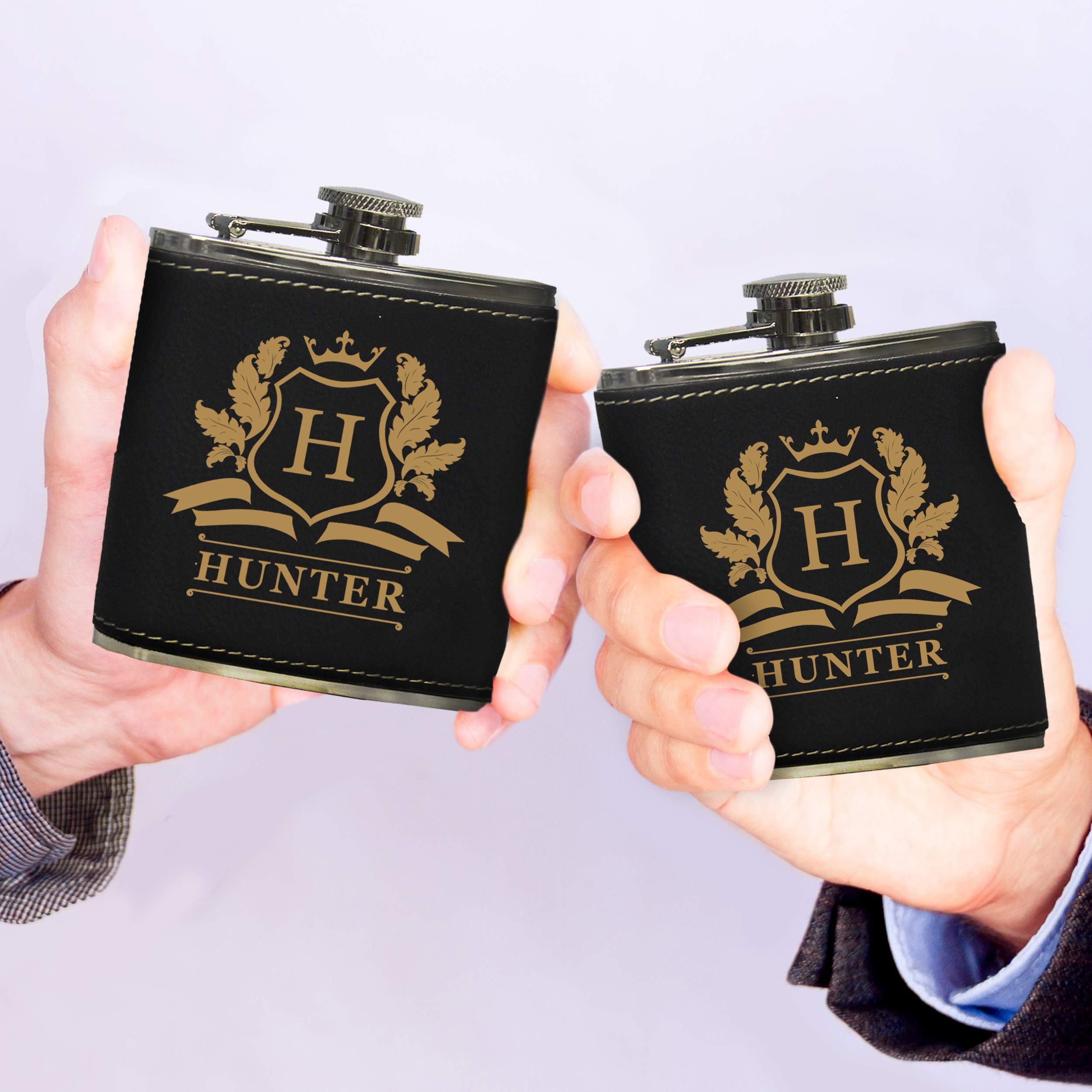 Premium Personalized Flask Gift Set with Funnel & Storage Box - Custom Engraved Name (Elegant Black with Gold Lettering) - Perfect for Weddings, Anniversaries & Corporate Gifts