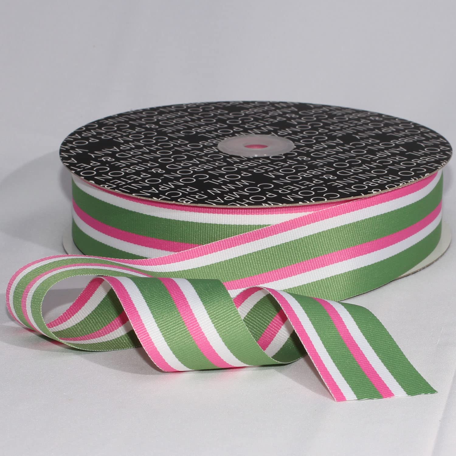 The Ribbon People Pink, White & Green Striped Grosgrain Ribbon - 1.5 Inch x 55 Yards Bulk Roll - Perfect for Gift Wrapping, DIY Crafts, Hair Bows & Party Decorations