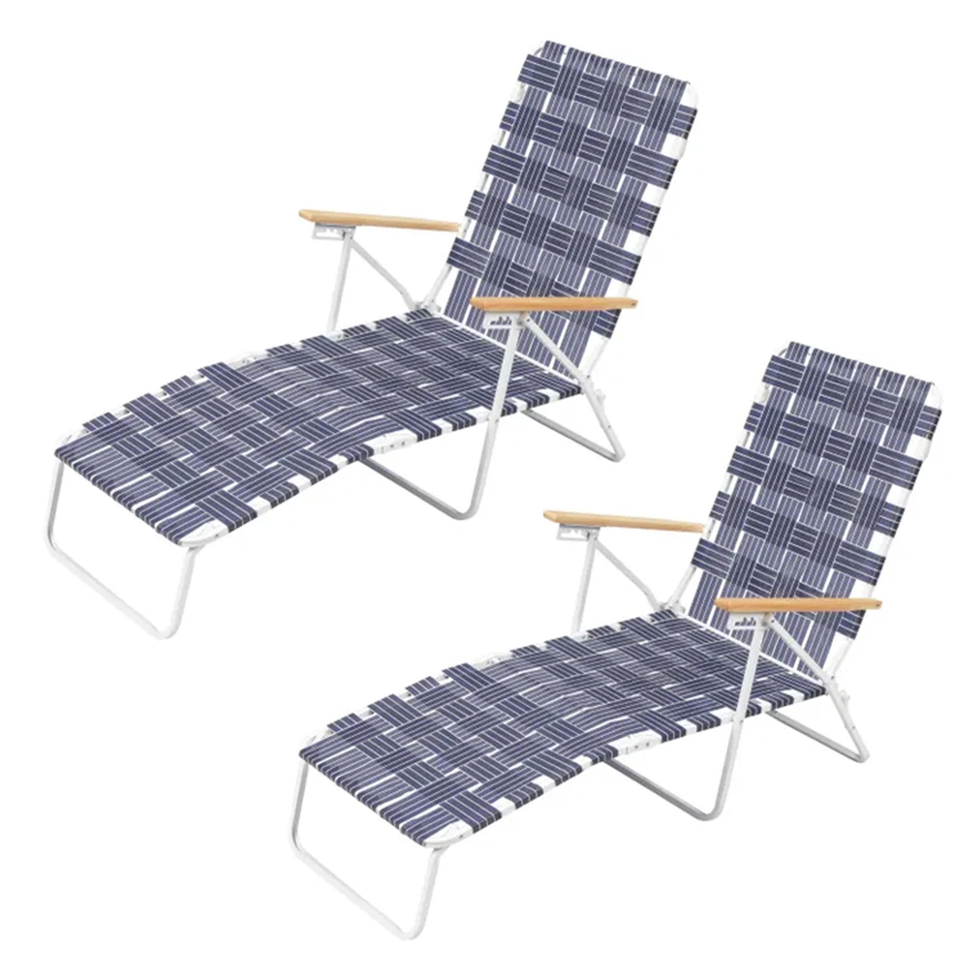 2 Pack Blue High Back Outdoor Folding Chaise Lounge Chairs with Woven Webbing & Steel Frame - Patio, Poolside & Backyard Relaxation Furniture Set with Armrests