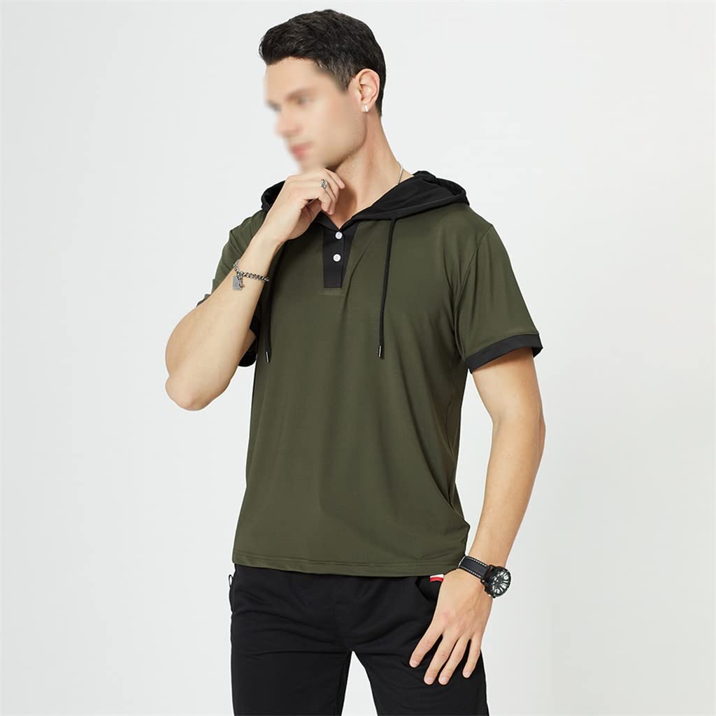 Men's Summer Hooded T-Shirt - Green Short Sleeve Button V-Neck Pullover Top (Size S) | Casual Wear for Outdoor Activities, Beach Vacation & Street Style Fashion