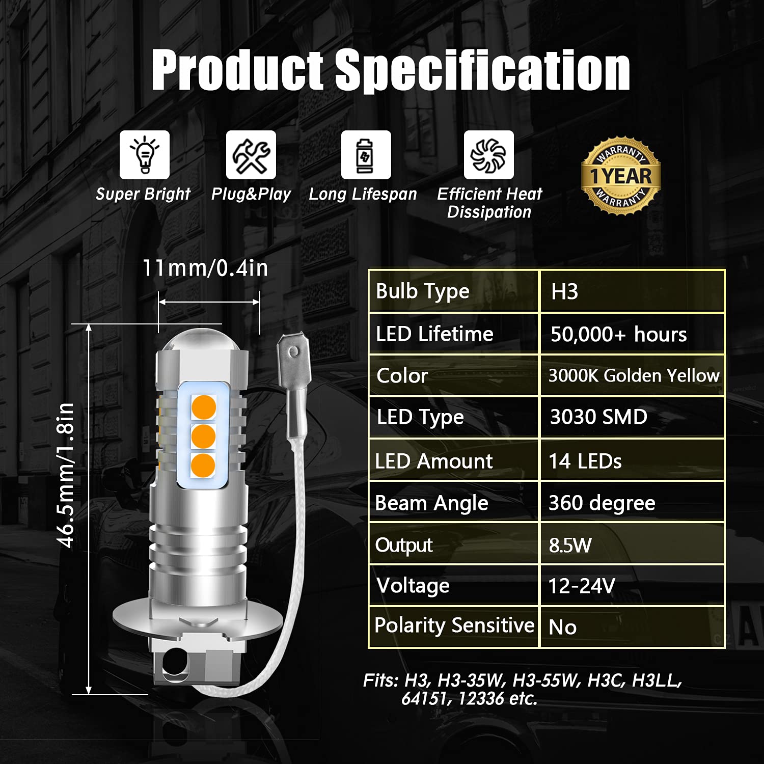 H3 LED Fog Light Bulbs 2-Pack - Super Bright 3030 Chips with Projector Lens - Golden Yellow H3 LED Bulbs for Car Fog Lights & DRL - Perfect for Night Driving, Off-Roading & Low Visibility Conditions