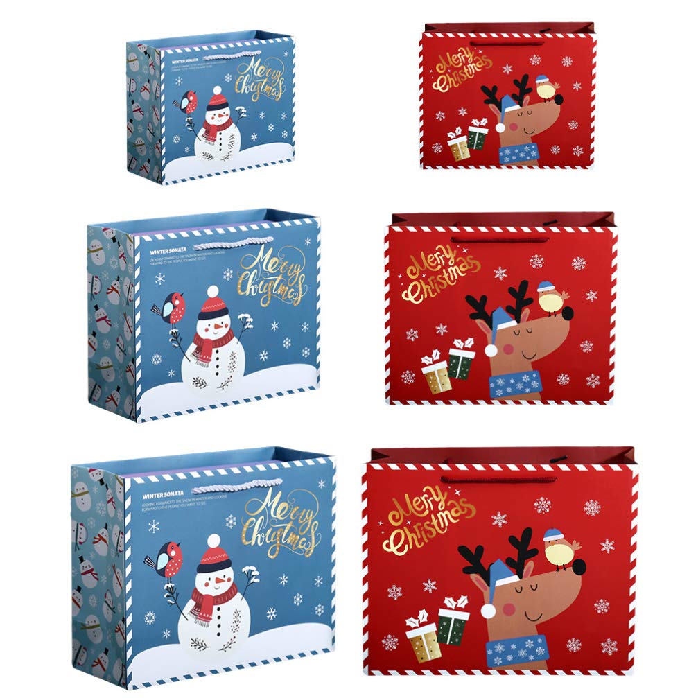 TomaiBaby 6-Piece Christmas Gift Bags with Handles - Holiday Party Favors, Classroom Treat Bags, Xmas Goodie Bags (Elk & Snowman Design) - Perfect for Christmas Parties, School Events & Holiday Gift Giving