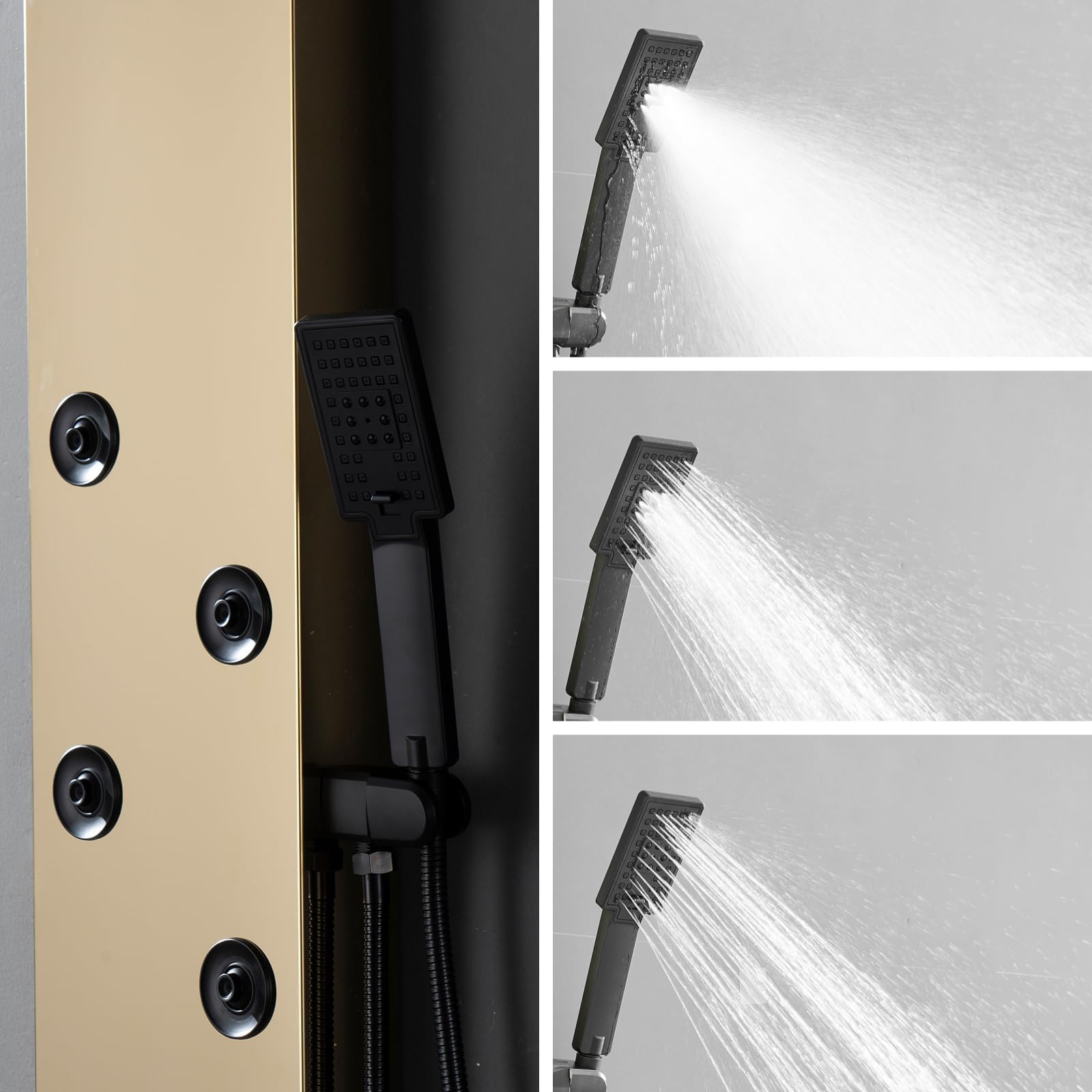 Stainless Steel Gold Shower Panel System - Multi-Function Shower Tower with Rainfall Head & Waterfall Tub Spout for Luxury Bathroom Upgrade | Perfect for Spa-Like Experience & Modern Bathroom Renovation