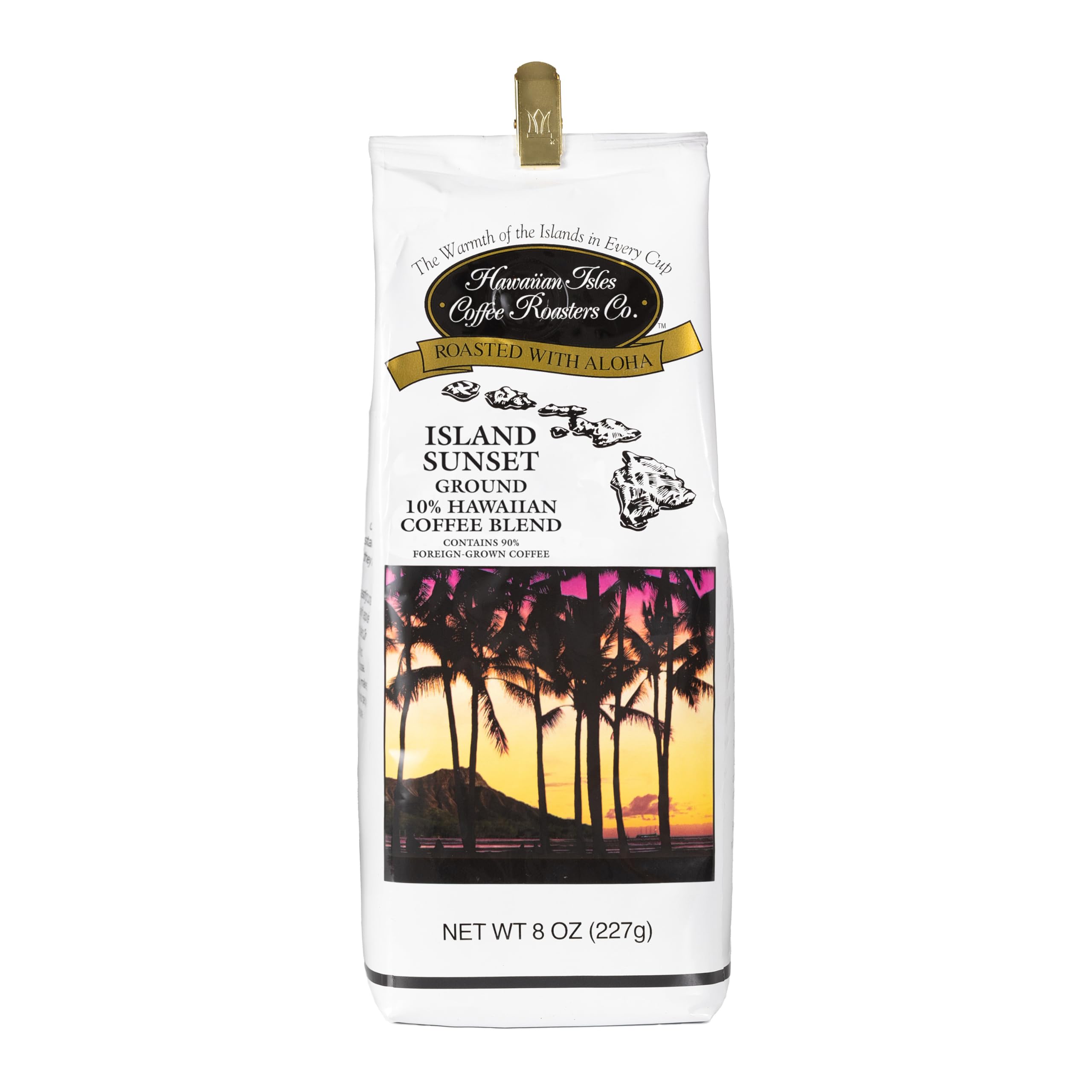 Hawaiian Isles Coffee Island Sunset Dark Roast Ground Coffee - 10% Hawaiian Coffee Blend, Roasted with Aloha - 8 Ounce Bag for Home Brewing & Gifts