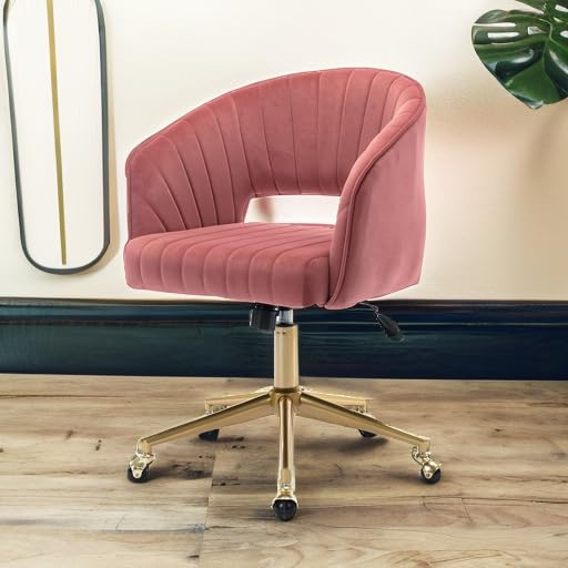 Velvet Swivel Office Chair with Adjustable Wheels - Ergonomic Upholstered Desk Chair for Home Office, Living Room, Bedroom & Study - Comfortable Computer Chair for Work, Gaming & Vanity (Rose)