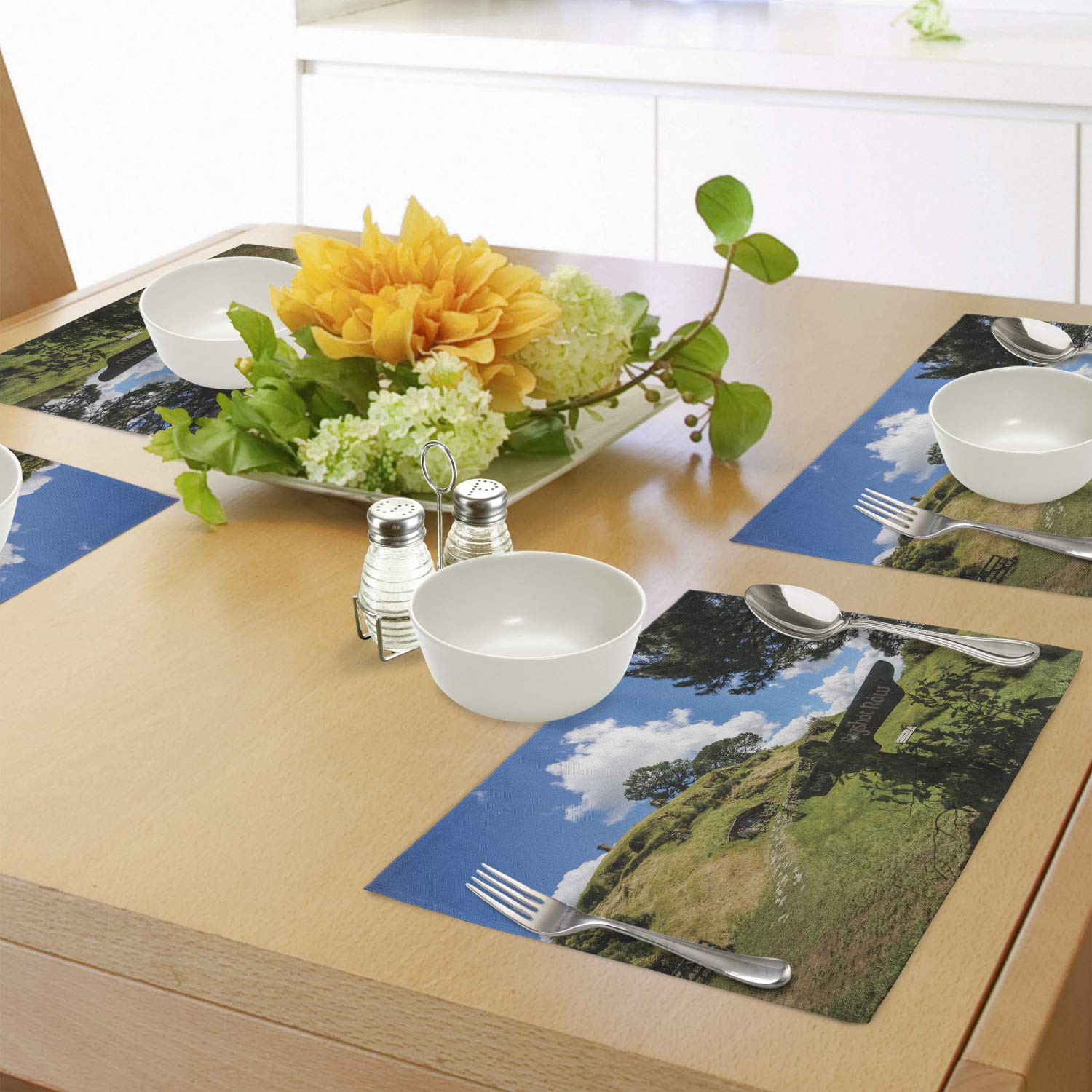 Ambesonne Hobbit Place Mats Set of 4 - Overhill Hobbit Village in Matamata New Zealand Fantasy Scene Print, Washable Fabric Dining Table Mats for Kitchen & Home Decor in Green & Blue - Perfect for Themed Parties, Lord of the Rings Fans, and Fantasy Dinner Settings