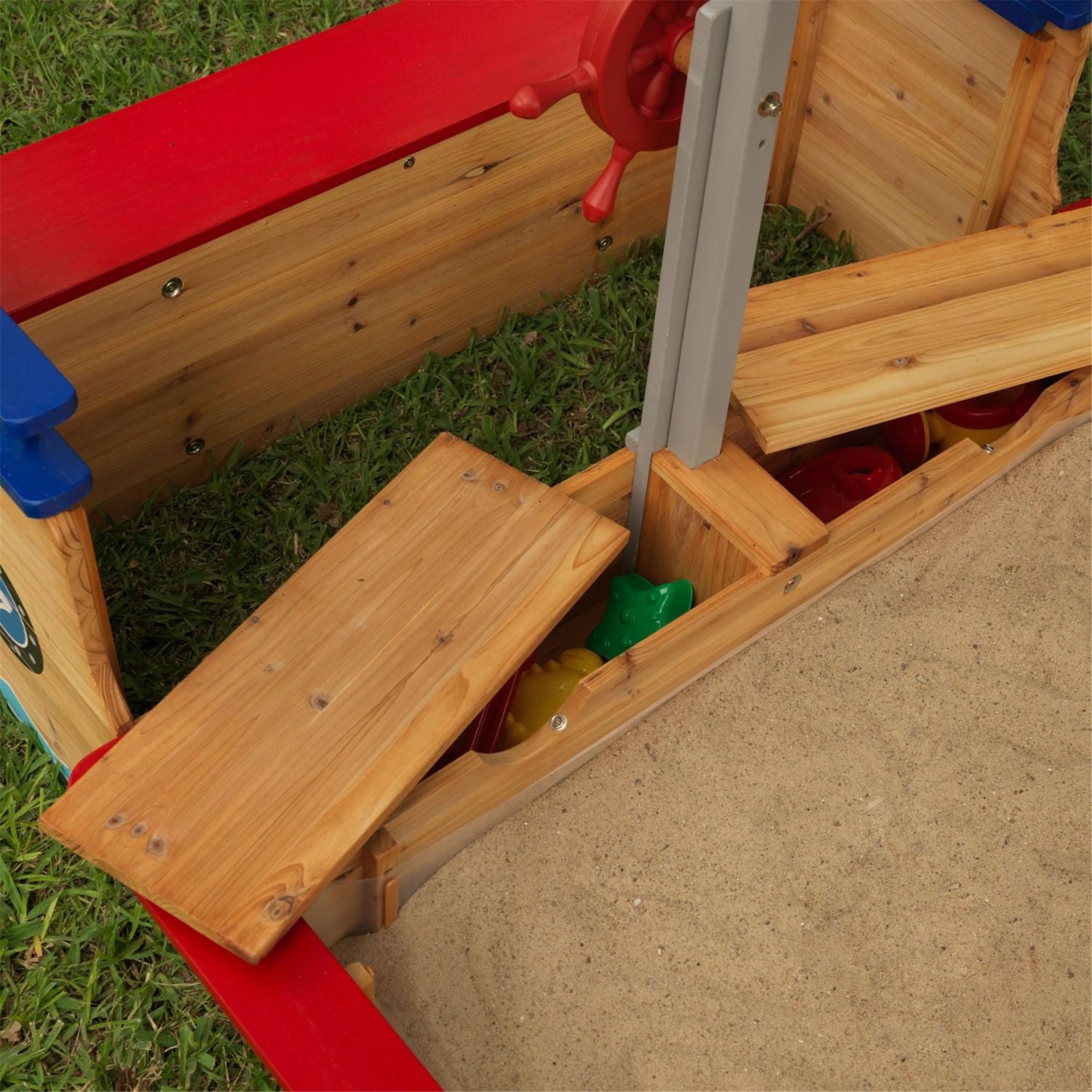 KidKraft Wooden Pirate Sandbox with Cover - Outdoor Play Sand Box for Kids, Backyard, Beach & Park Sandpit Toys for Toddlers & Children