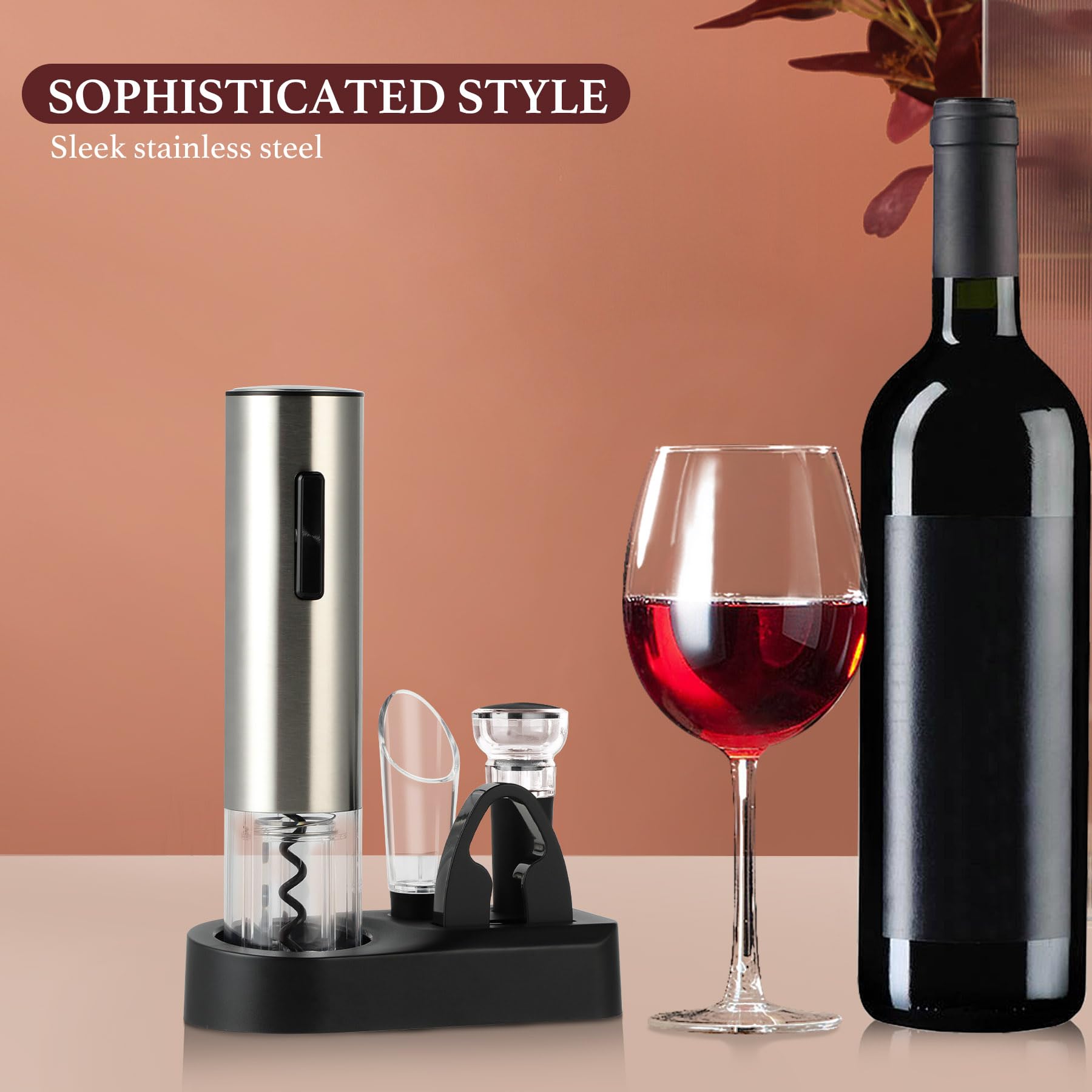 Rechargeable Electric Wine Opener Set - Automatic Cordless Stainless Steel Wine Bottle Opener with Stand, Foil Cutter, Pourer & Vacuum Stopper | Perfect Gift for Wine Lovers, Dinner Parties & Home Bars