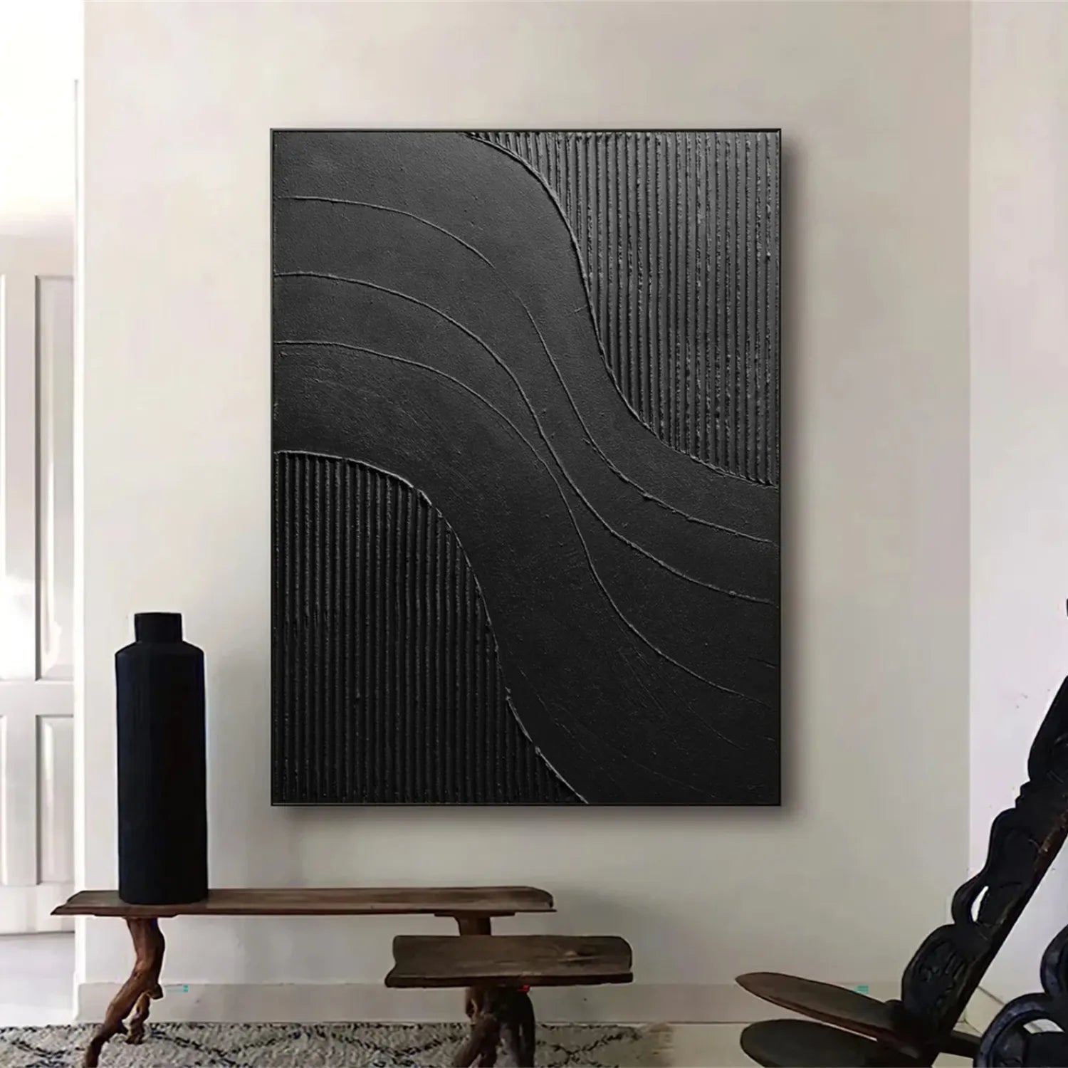 Black Minimalist Textured Painting Canvas #MZ104 - Modern Abstract Wall Art for Living Room, Bedroom & Office Decor