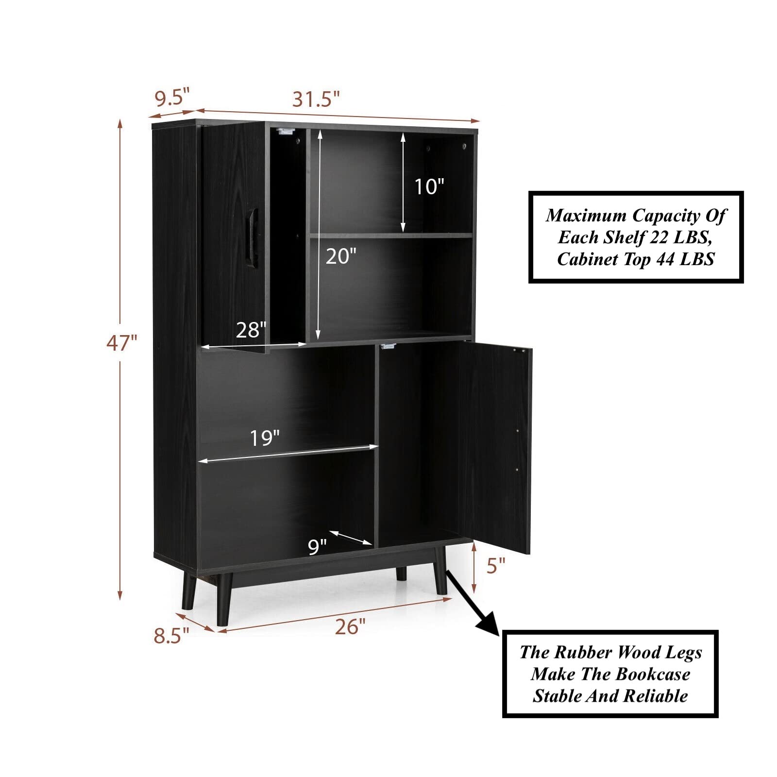 Black Storage Cabinet with 2 Doors & 4 Open Shelves - 31.5