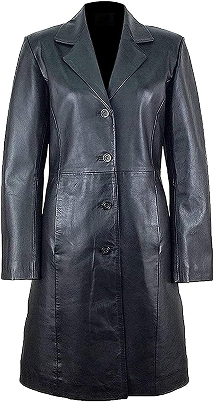 Women's Black Lambskin Leather Long Trench Coat - Elegant Winter Outerwear for Business & Evening Occasions