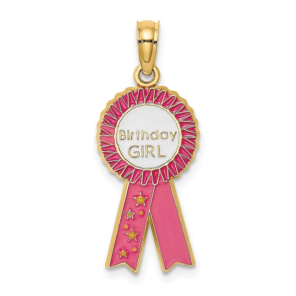 14K Yellow Gold Enamel Birthday Girl Pink Ribbon Charm Pendant Necklace - Elegant Fine Jewelry Gift for Women, Girls, Daughters - Perfect for Birthdays, Anniversaries & Special Occasions