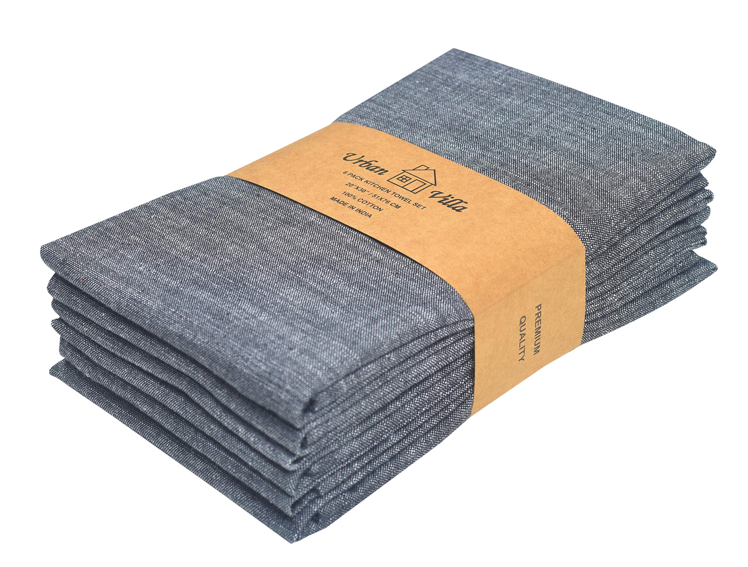 Premium 100% Cotton Kitchen Towels Set of 6 - Ultra Soft & Highly Absorbent 20x30 Inches - Chambray Black/White for Cooking, Baking & Dish Drying - Urban Villa Kitchen Towels
