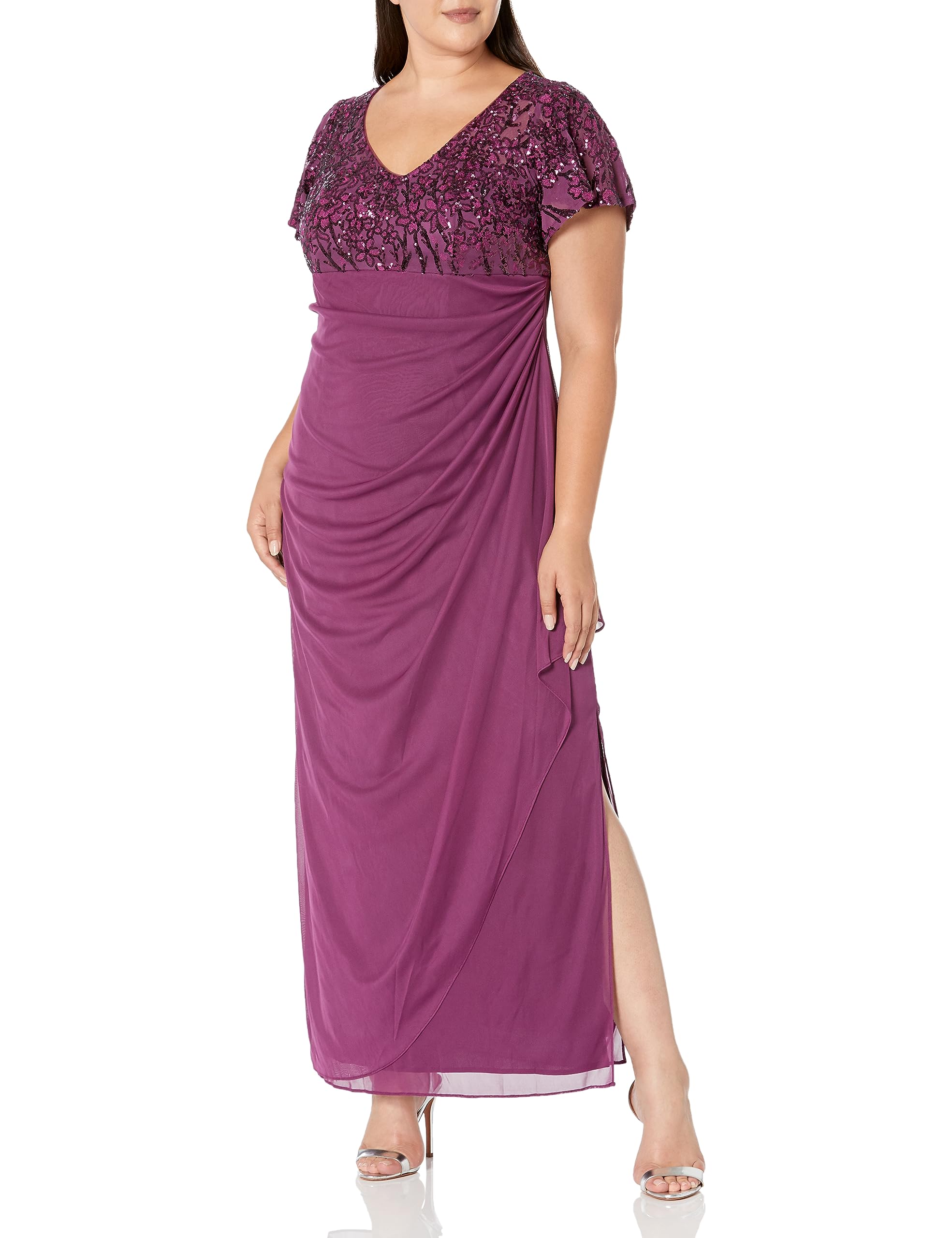 Alex Evenings Women's Plus Size Long Stretch Sequin Empire Waist Mother of The Bride Dress - Elegant Formal Gown for Weddings, Parties & Special Occasions