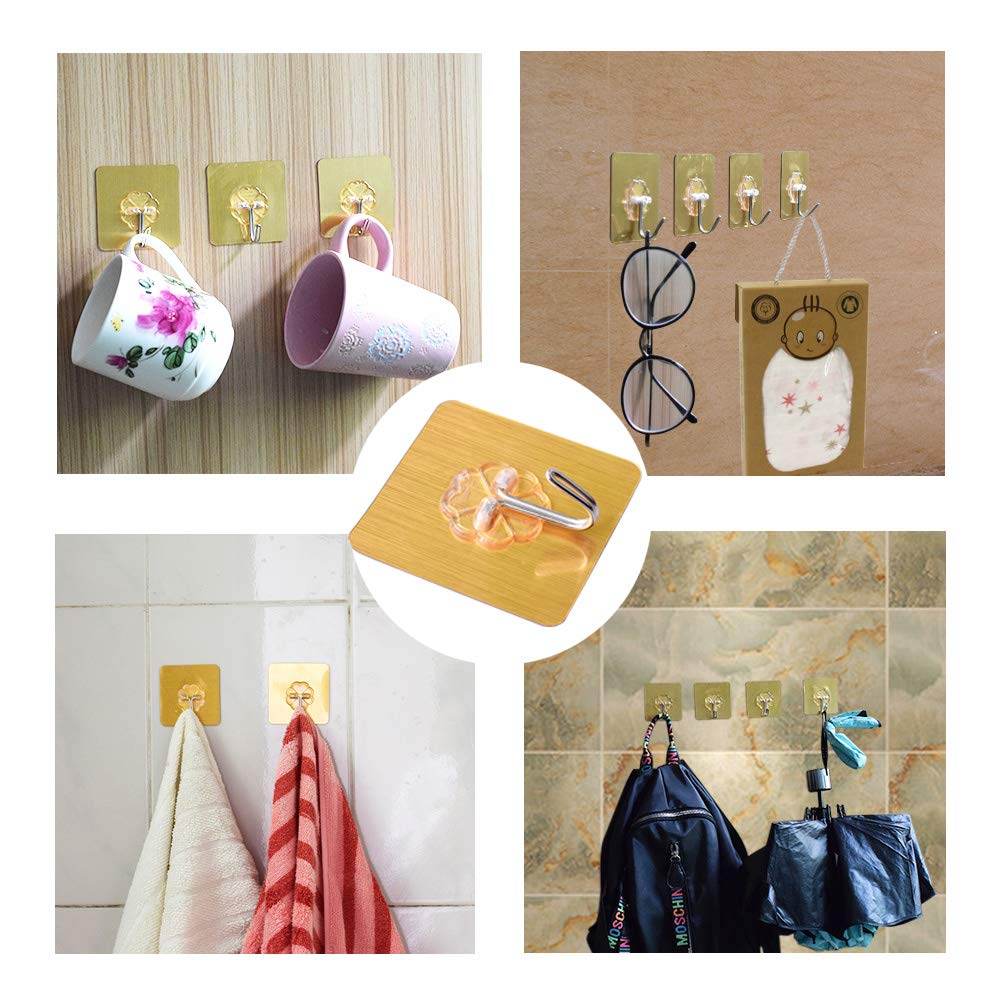 Heavy Duty Adhesive Wall Hooks - 10 Pack Rotating Sticky Hangers for Kitchen, Bathroom, Bedroom (Gold) | Perfect for Hanging Towels, Robes, Keys & Home Decor