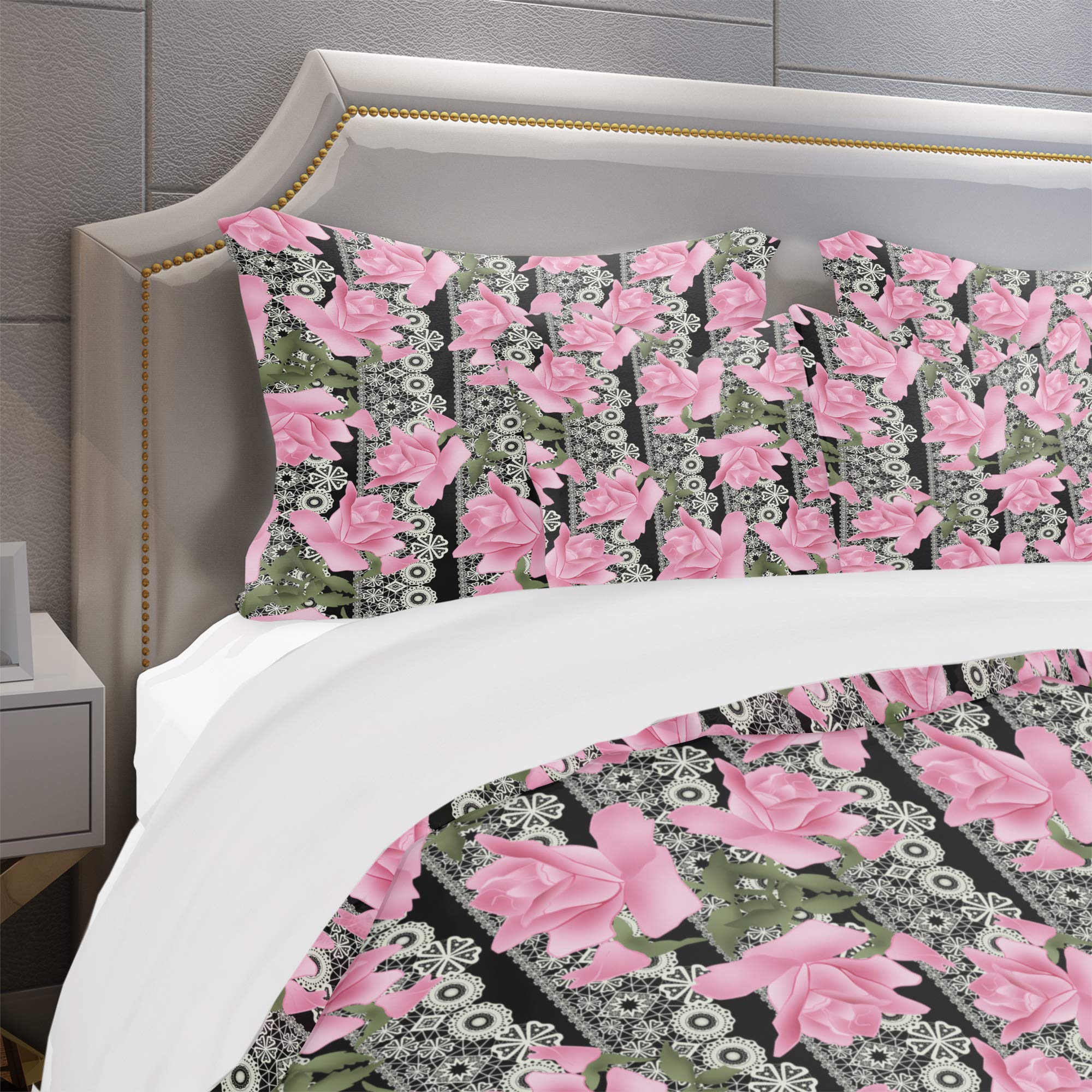 DesignQ Black Lace Roses Nautical Coastal Duvet Cover Set - Pink Twin Size 3-Piece Floral Bedding | All-Season Comfort for Beach House, Guest Room & Coastal-Themed Bedroom Decor