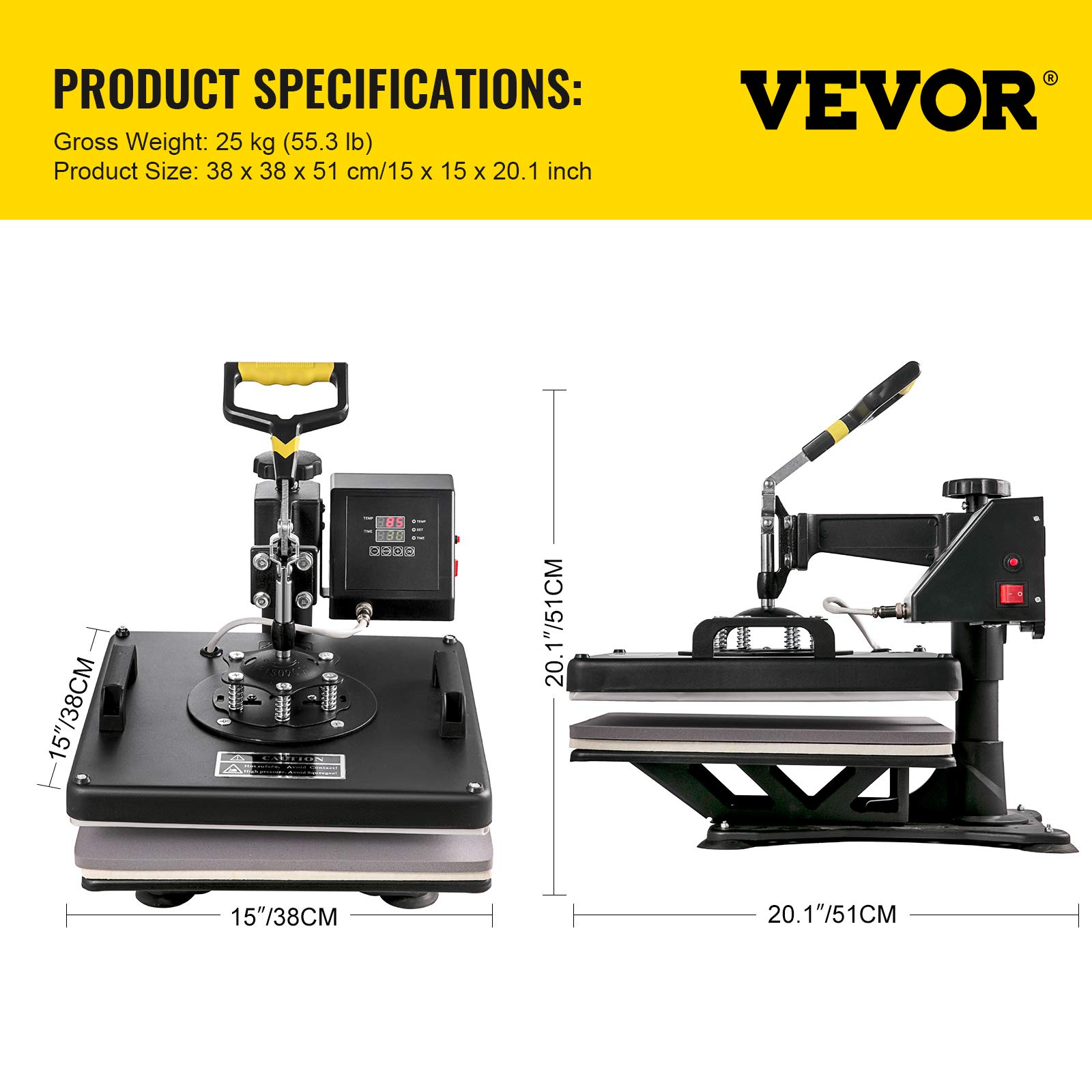 Mophorn 15x15 Inch 5-in-1 Heat Press Machine with Swing Away Design - T-Shirt Sublimation Printer, Mug, Hat & Plate Press Accessories - Teflon Coated Plates, ETL & FCC Certified (Black) - Perfect for DIY T-Shirts, Mugs, Hats & Custom Gifts