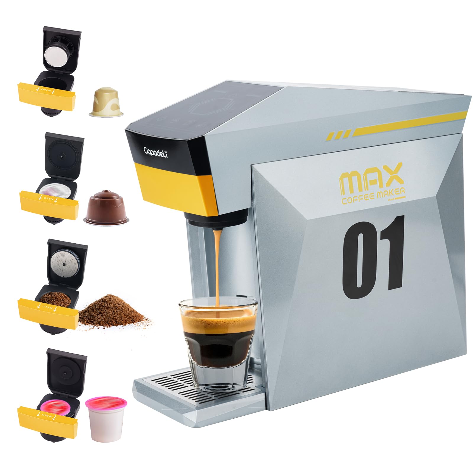 4-in-1 Single Serve Coffee Maker - Mini Espresso Machine Compatible with Nespresso Original/K-Cups/Dolce Gusto/Ground Coffee - 19 Bar Pressure for Rich Brew - Perfect for Home & Office Use (Grey) - Enjoy Cafe-Quality Coffee Anytime at Home or Work
