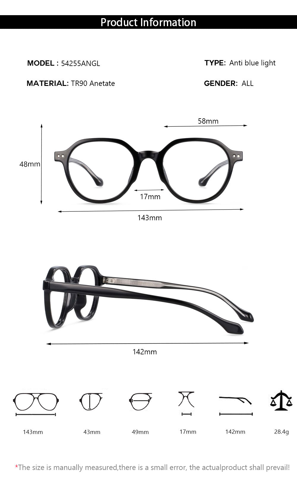 CCspace Women's Full Rim Round Acetate & Titanium Frame Eyeglasses 54255 - Lightweight Comfortable Glasses for Work, Reading & Fashion